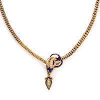 VICTORIAN, YELLOW GOLD, ENAMEL AND SEED PEARL SNAKE NECKLACE