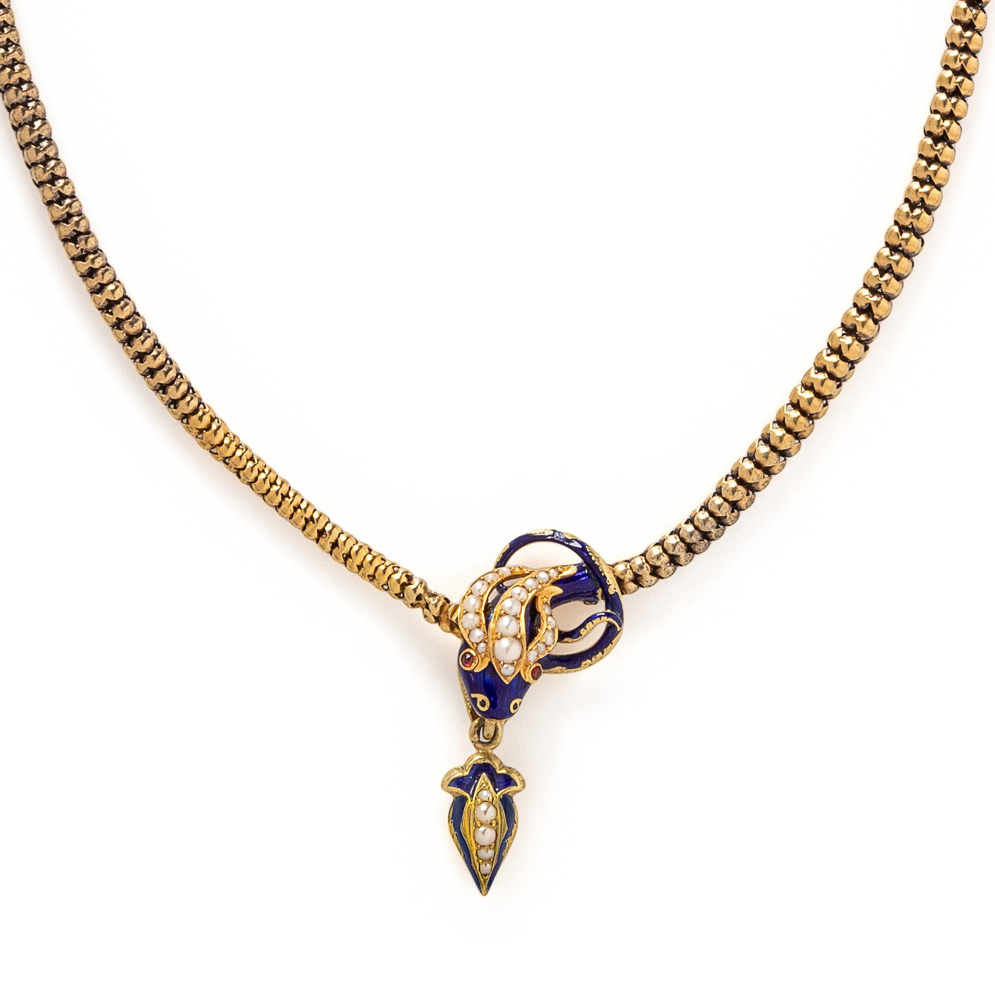 VICTORIAN, YELLOW GOLD, ENAMEL AND SEED PEARL SNAKE NECKLACE