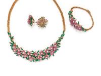 SPAULDING & CO., FRENCH, CARVED PINK TOURMALINE, CHRYSOPRASE AND DIAMOND PARURE