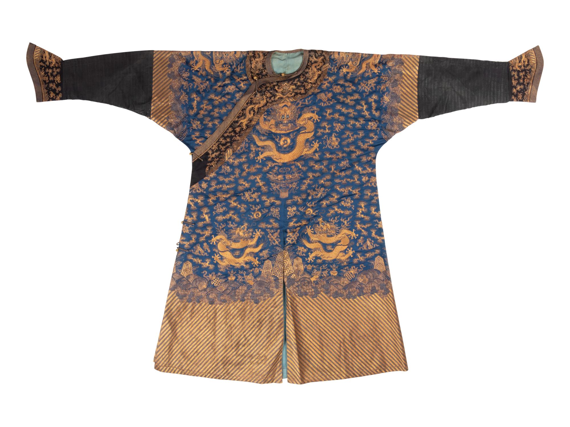 A Blue Ground Embroidered Silk Dragon Robe