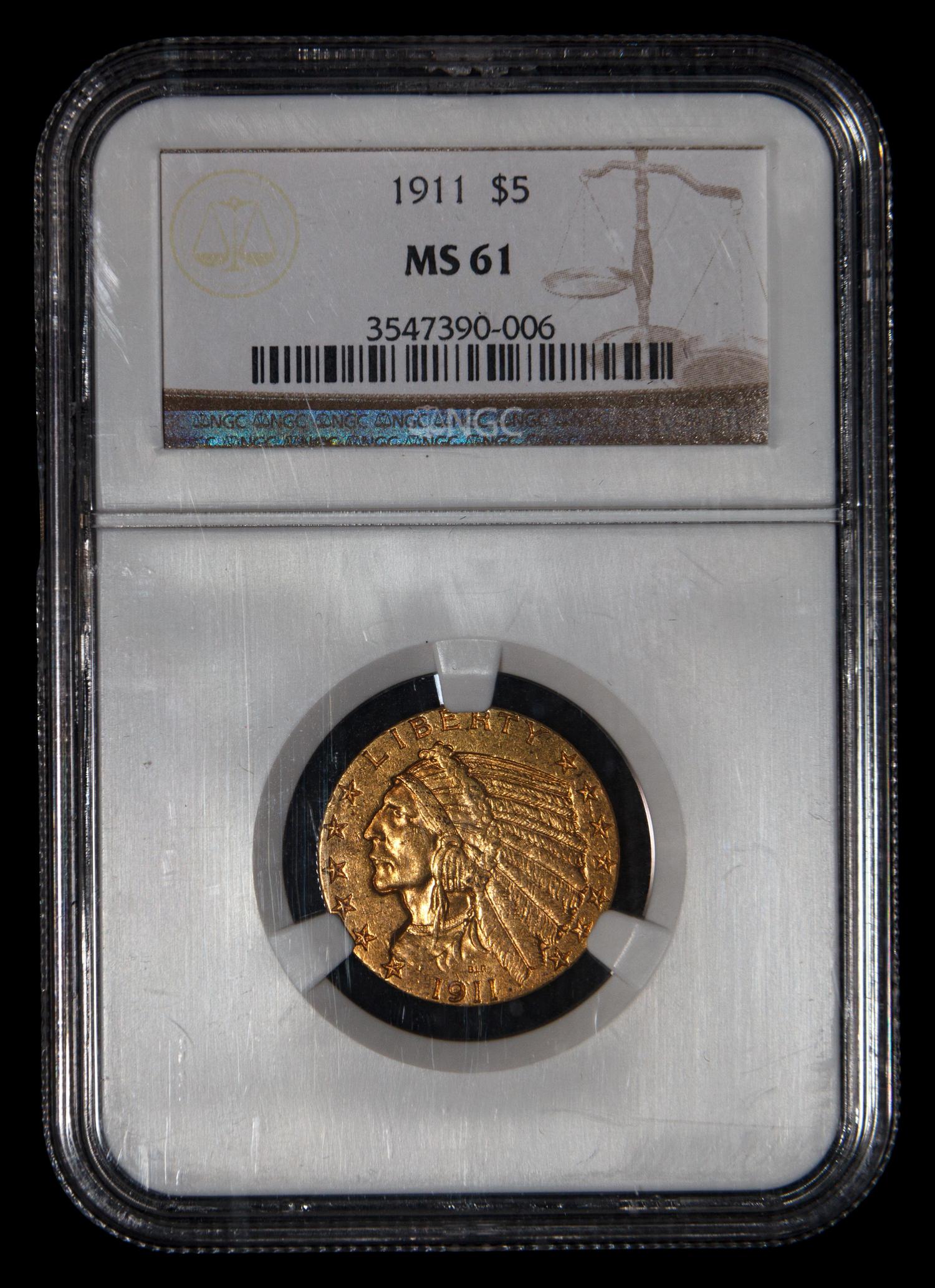 A 1911 Indian Head $5 Gold Coin (NGC MS61)