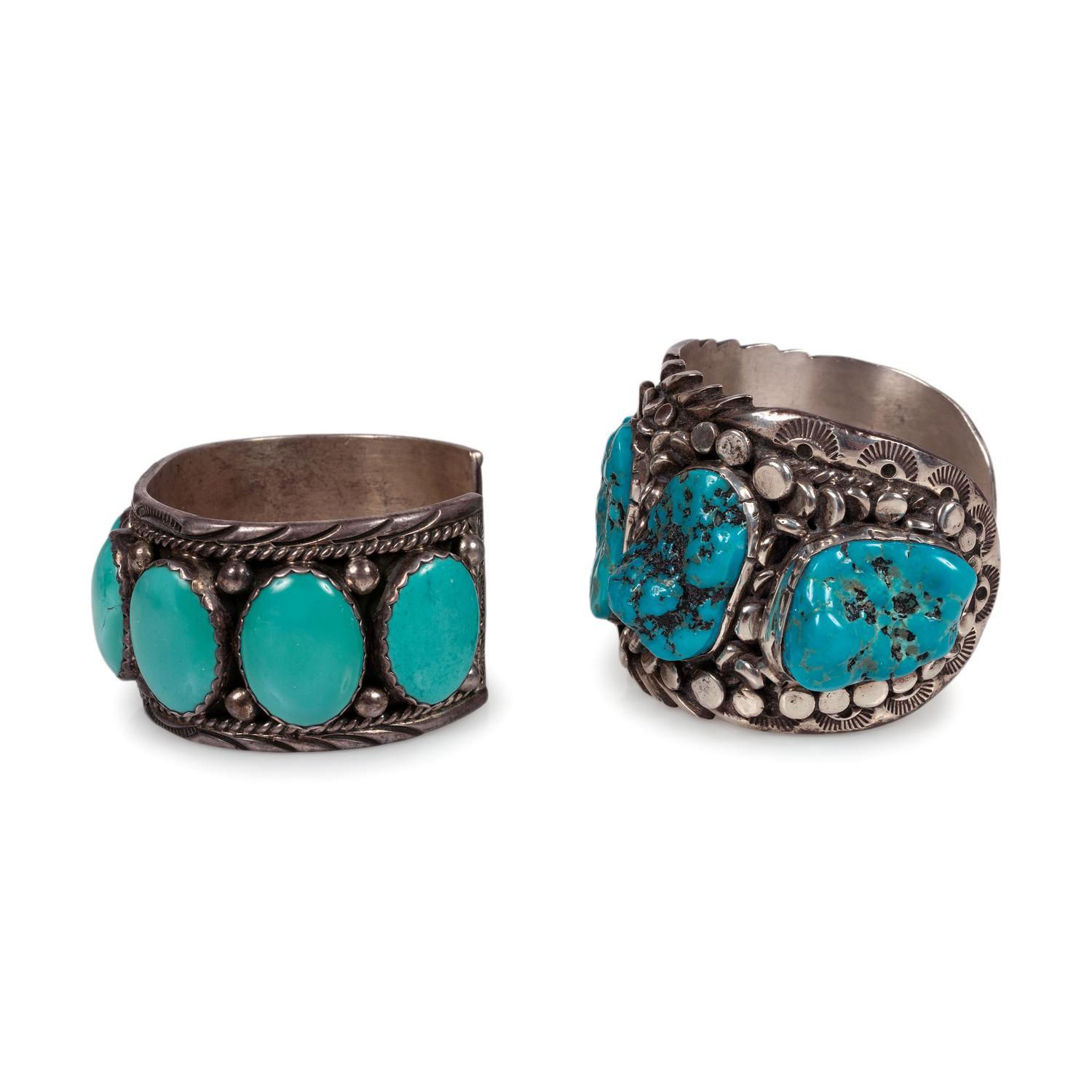 Pair of Navajo Silver and Turquoise Cuff Bracelets