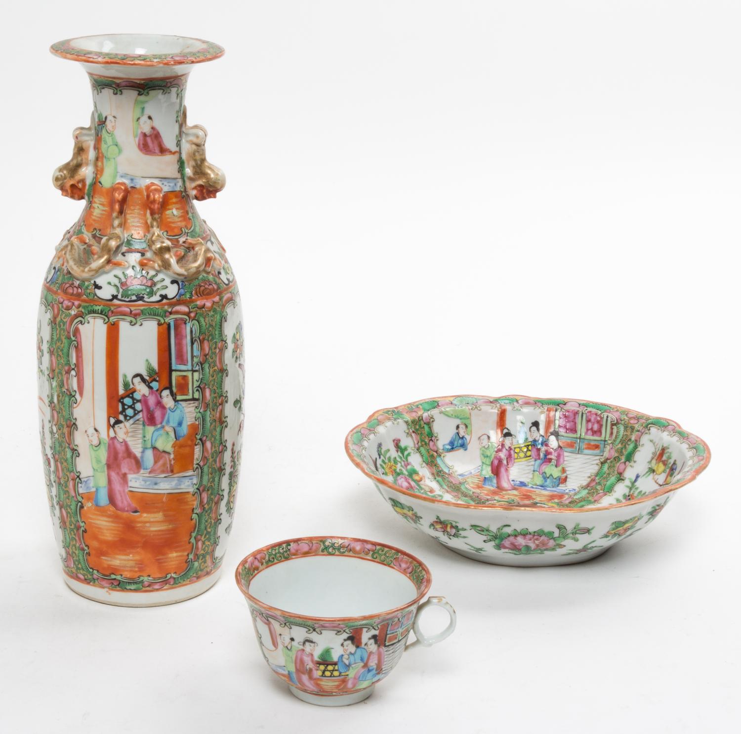 Three Rose Medallion Porcelain Articles Height of tallest 12 inches.