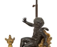 A Pair of French Gilt and Patinated Bronze Figural Chenets Mounted as Lamps