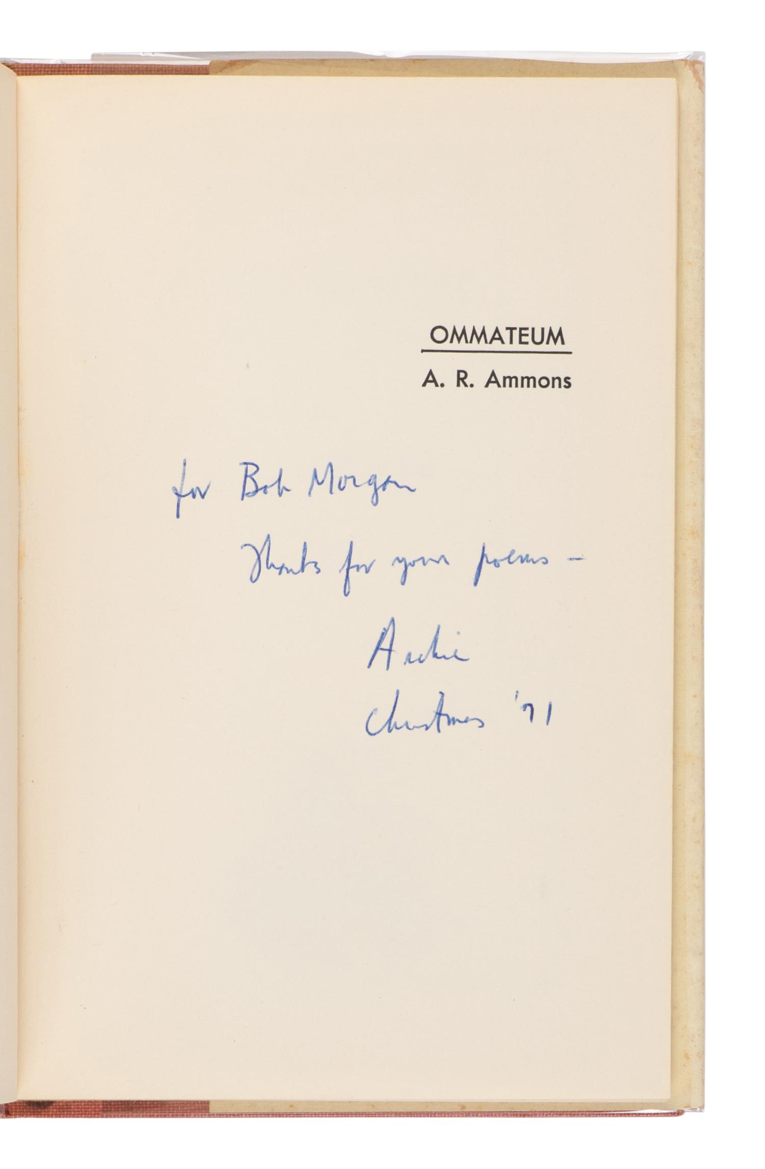 AMMONS, Archibald Randolph (1926-2001). Ommateum with Doxology . Philadelphia: Dorrance & Company, 1955.