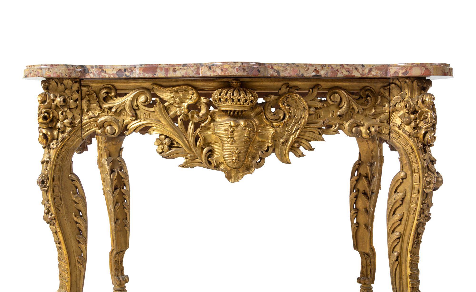 A Louis XV Style Carved Giltwood Marble-Top Center Table