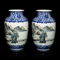 A Pair of Chinese Underglazed Blue and Famille Rose Porcelain 'Landscape' Vases, 20th Century — 近代 青花粉彩山水圖瓶一對