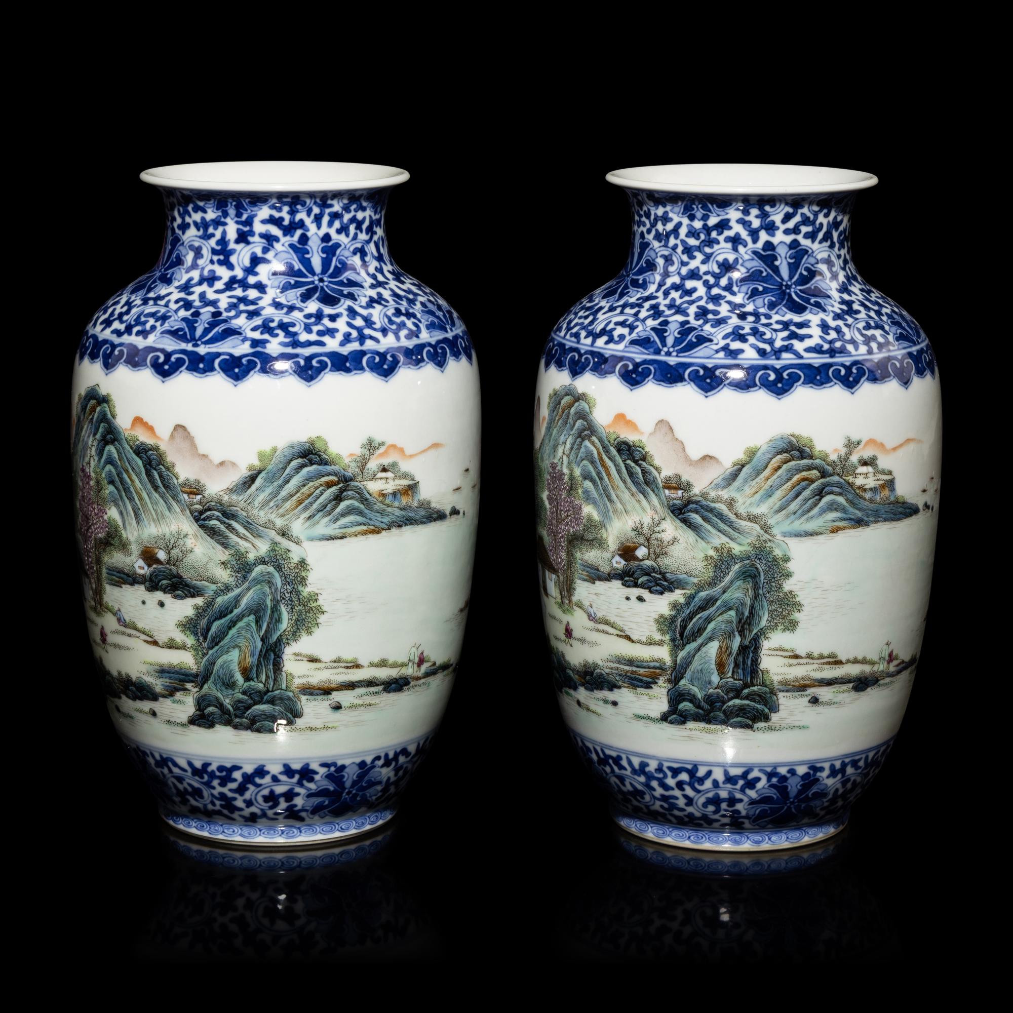 A Pair of Chinese Underglazed Blue and Famille Rose Porcelain 'Landscape' Vases, 20th Century — 近代 青花粉彩山水圖瓶一對