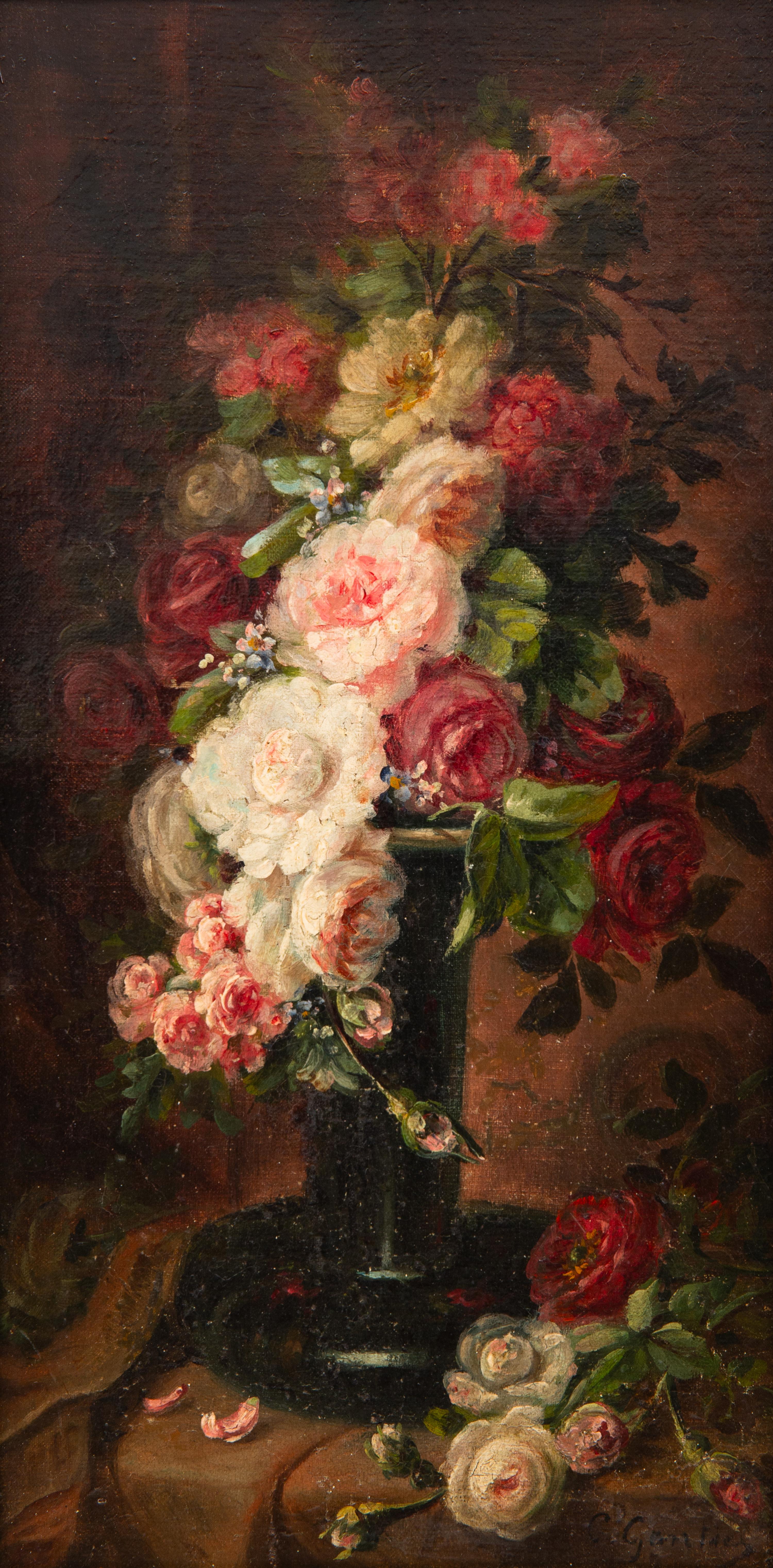 Vase of Flowers on a Draped Table