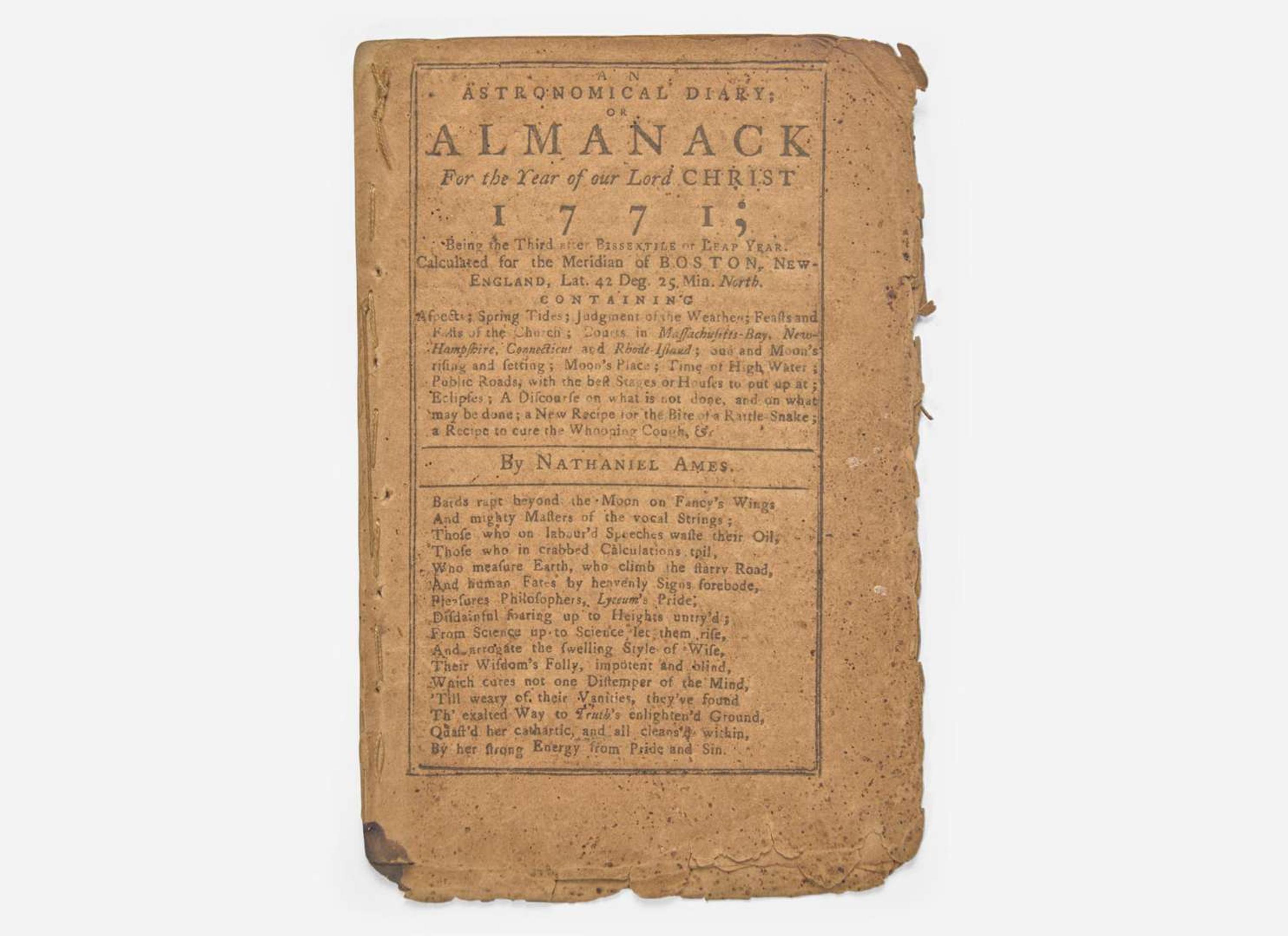 [Americana] [Franklin, Benjamin] Ames, Nathaniel: An Astronomical Diary; or Almanack For the Year of our Lord Christ 1771...