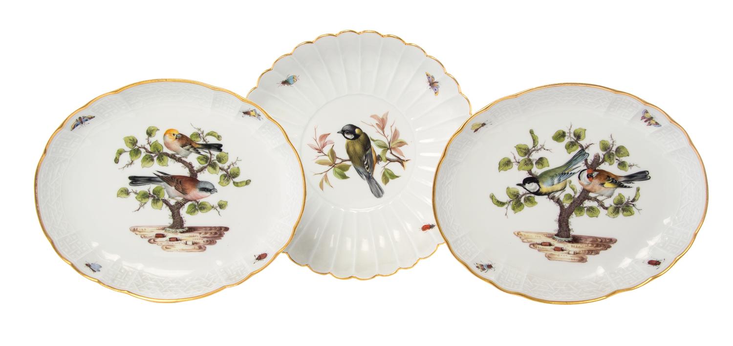 A Group of Three Meissen Porcelain Ornithological Plates, Width of pair 8 1/2 inches.