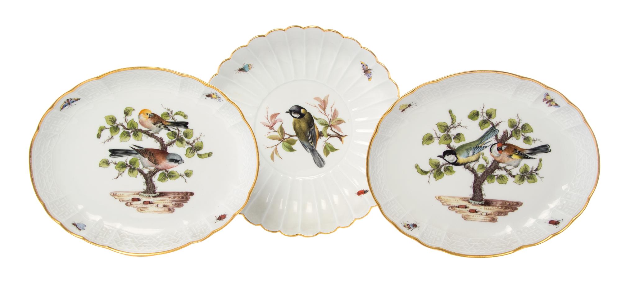 A Group of Three Meissen Porcelain Ornithological Plates, Width of pair 8 1/2 inches.