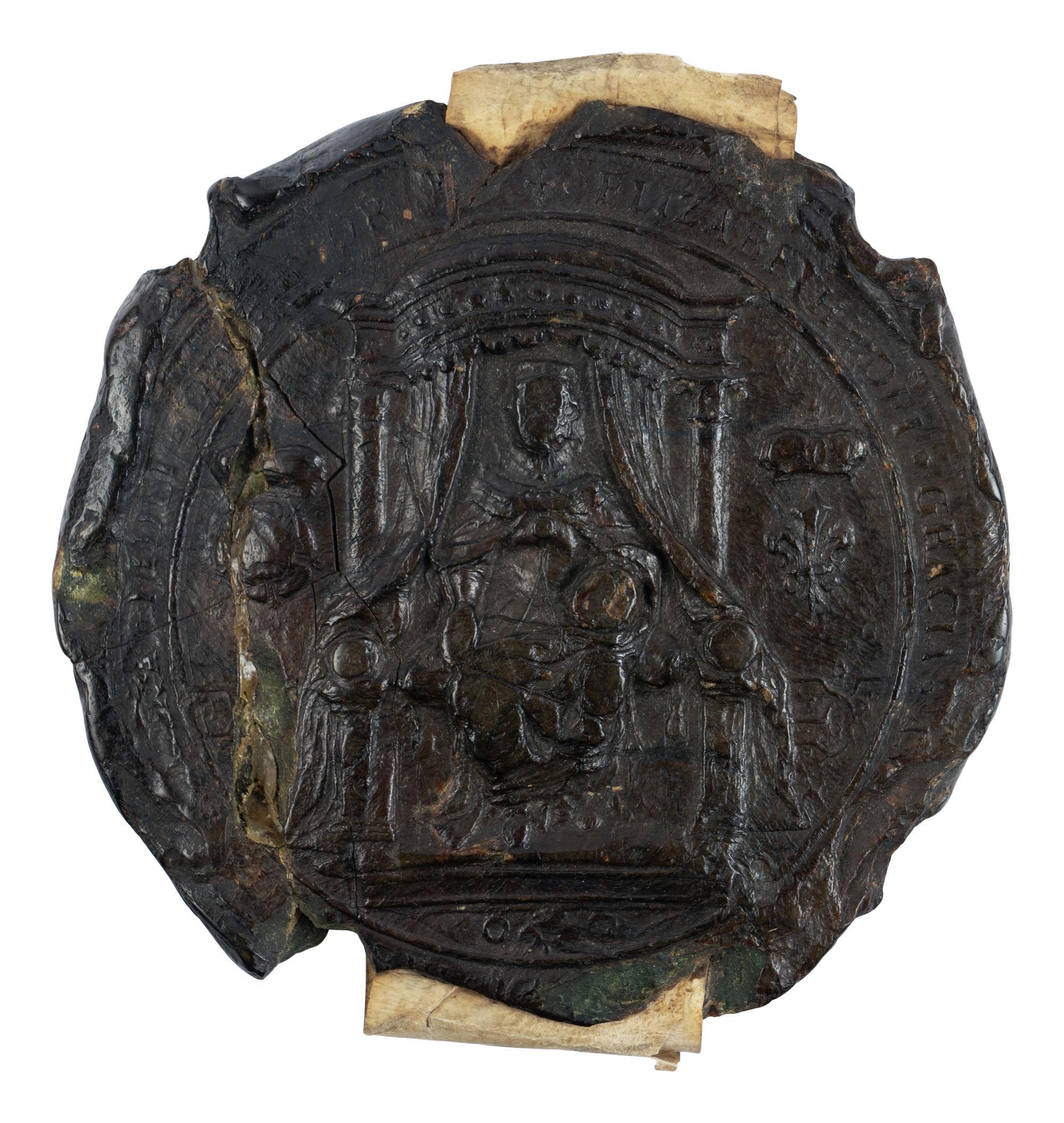 CHANCERY OF ELIZABETH I (r. 17 November 1558–24 March 1603) Single parchment sheet with Common Recovery under the Great Seal of Elizabeth I, involving lands in Suffolk, in Latin, manuscript on parchment [London, Court of King’s Bench, Trinity Term, 21 Elizabeth, 1579]