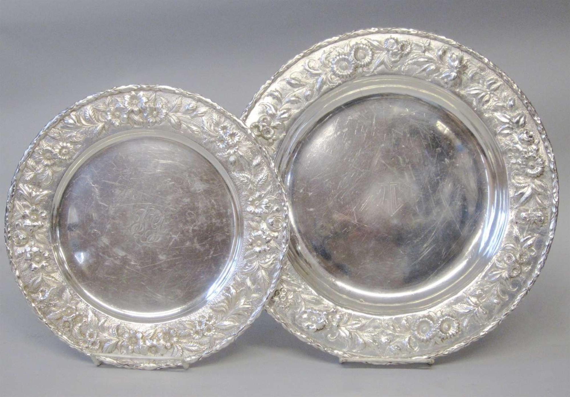 Large sterling silver repoussé tray and sterling silver repoussé plate s. kirk & son, baltimore, md, 20th century