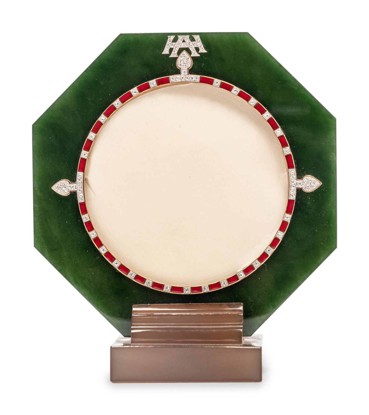 A Cartier Brown Agate, Green Jade, Yellow Gold, Enamel and Diamond Picture Frame