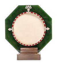 A Cartier Brown Agate, Green Jade, Yellow Gold, Enamel and Diamond Picture Frame