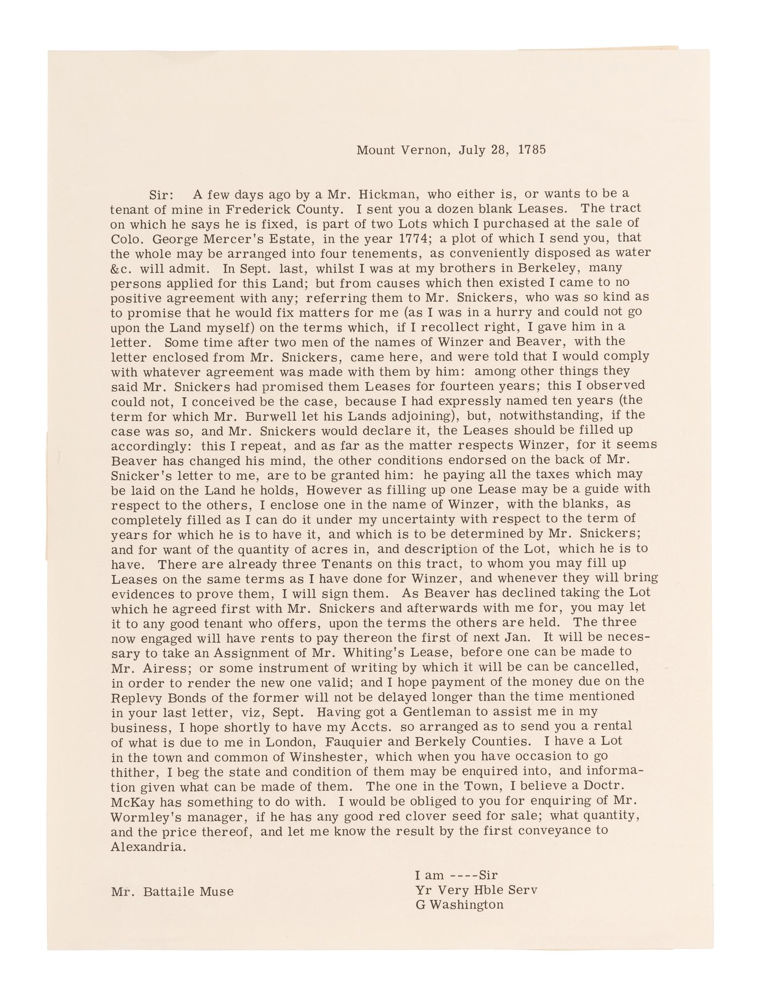 WASHINGTON, George (1732-1799). Letter signed ("G.Washington") to Battaile Muse. Mount Vernon, 28 July 1785.