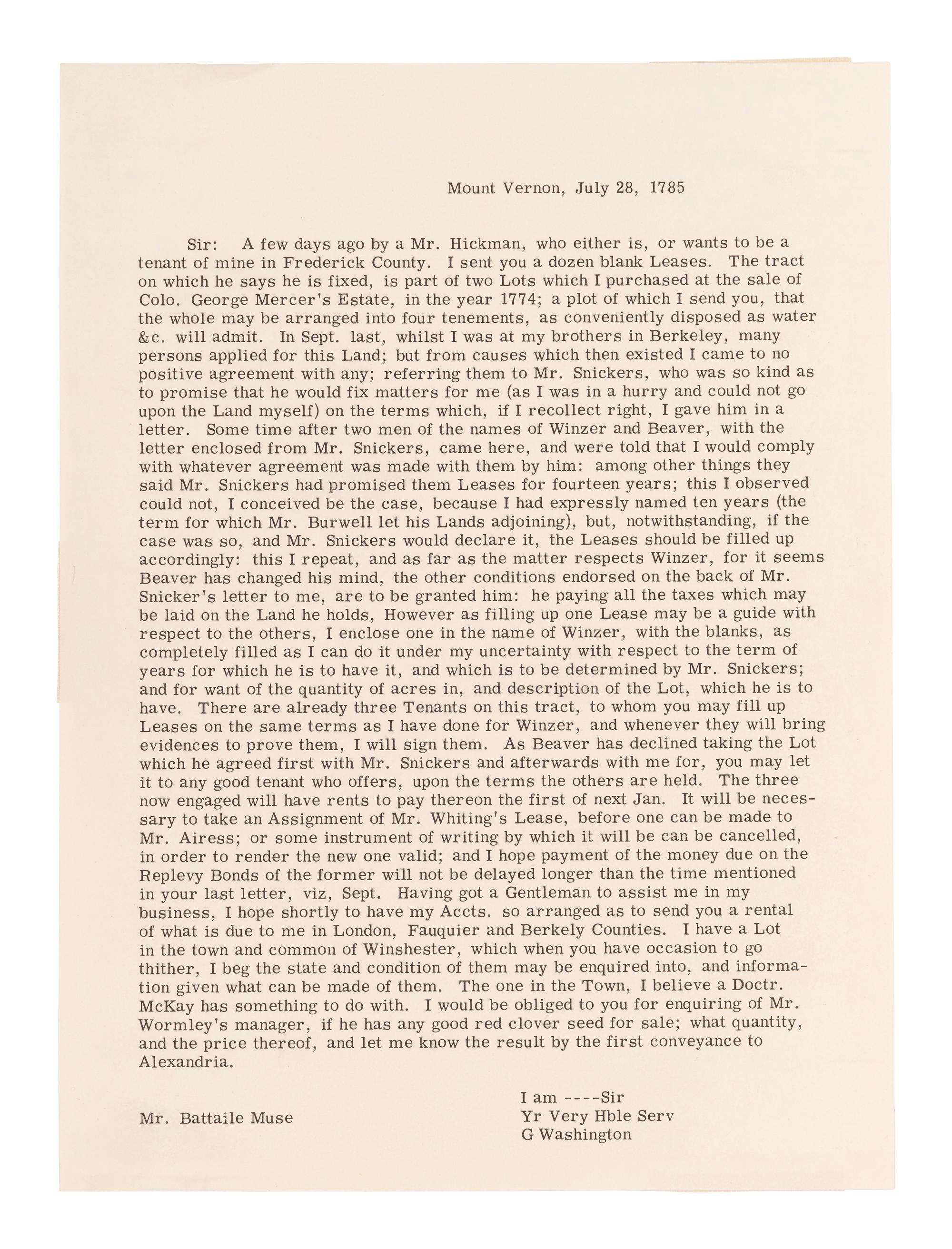WASHINGTON, George (1732-1799). Letter signed ("G.Washington") to Battaile Muse. Mount Vernon, 28 July 1785.