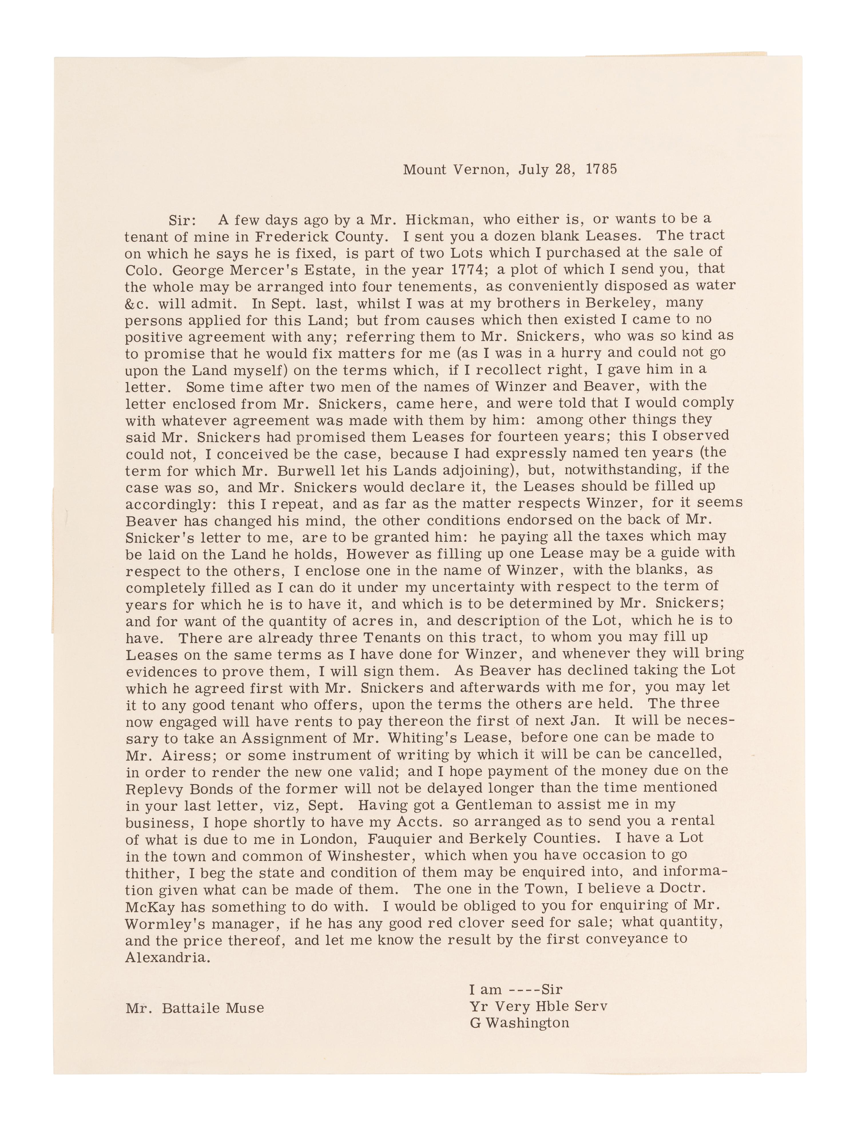 WASHINGTON, George (1732-1799). Letter signed ("G.Washington") to Battaile Muse. Mount Vernon, 28 July 1785.