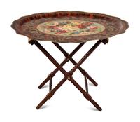 A Painted Tôle Tray on an Associated Stand