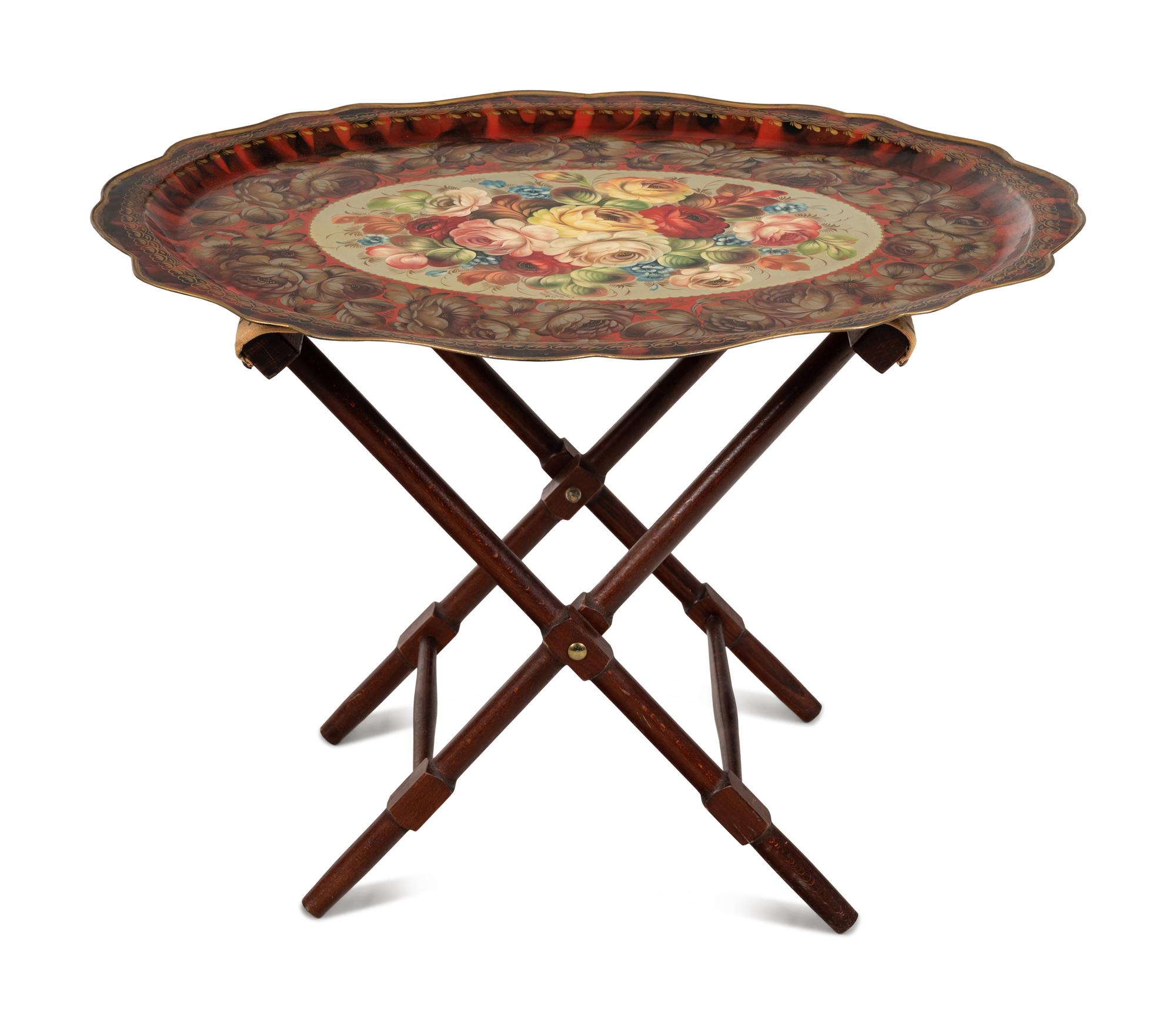A Painted Tôle Tray on an Associated Stand