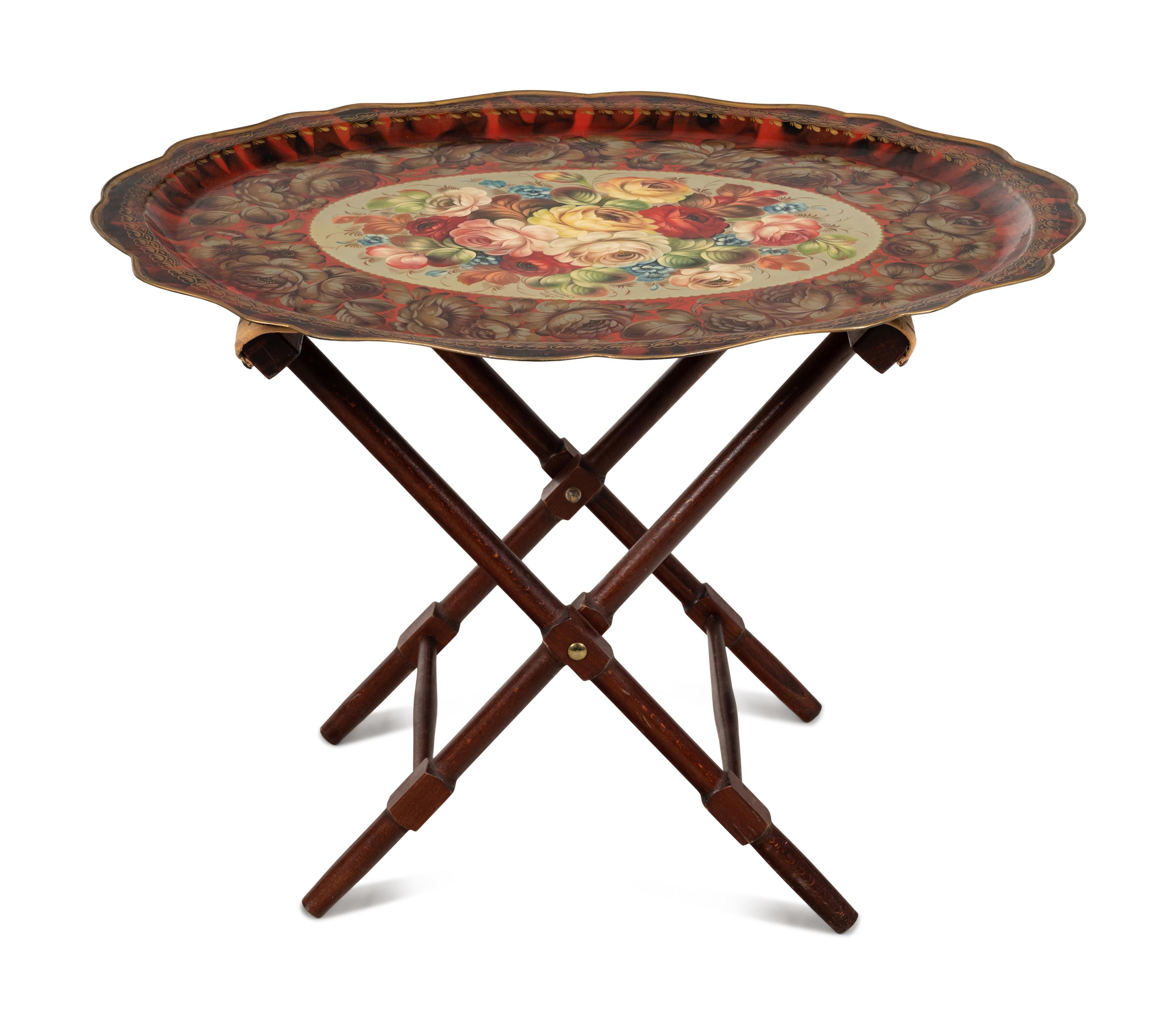 A Painted Tôle Tray on an Associated Stand
