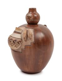 Gourd Form Redware Pottery Jar with a sgraffito lid and handles with pottery and corn in relief