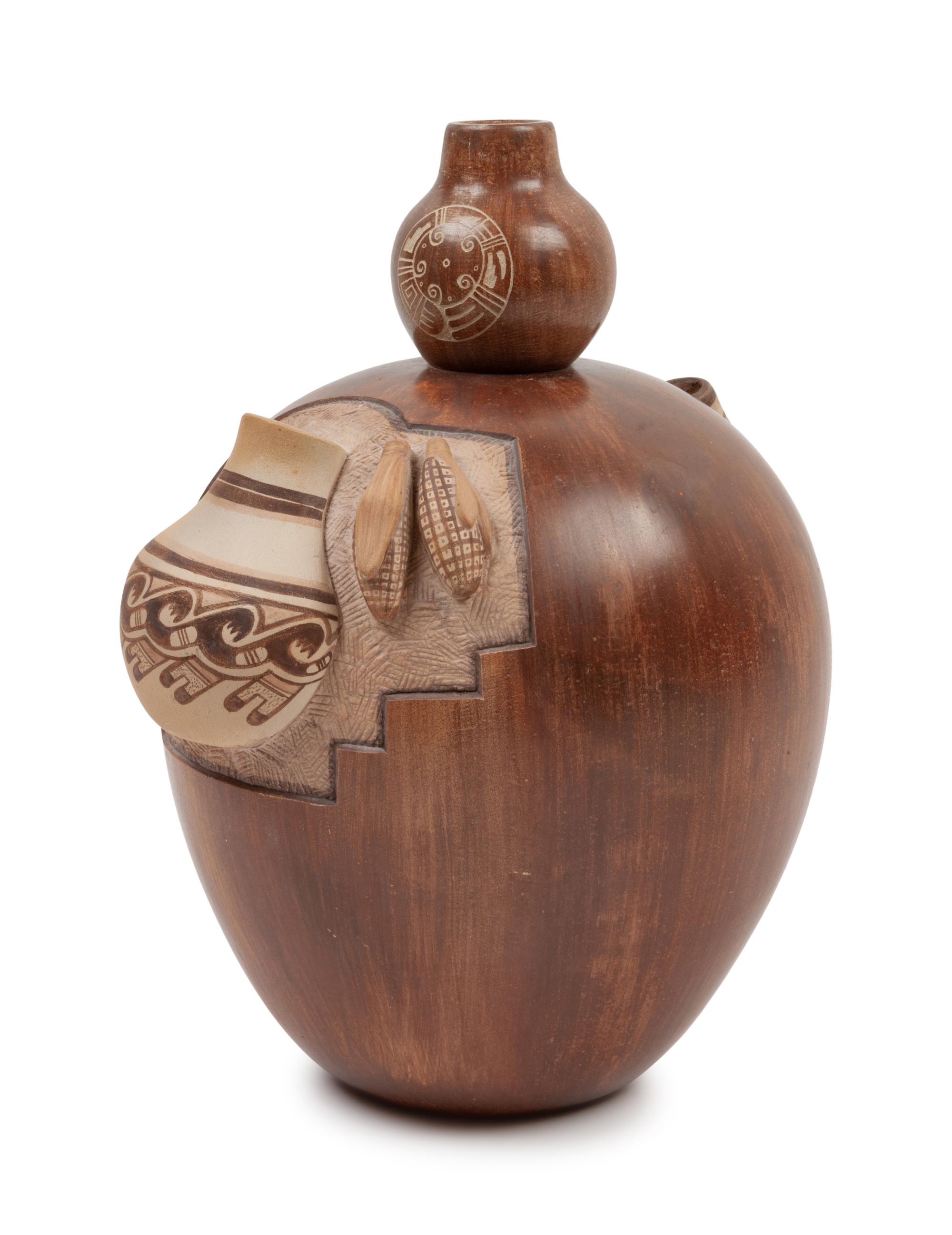 Gourd Form Redware Pottery Jar with a sgraffito lid and handles with pottery and corn in relief