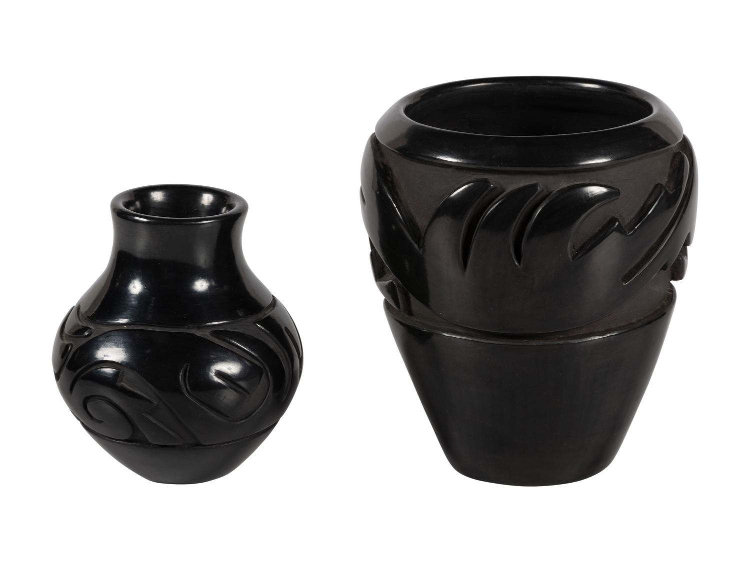 Pair of Carved Blackware Pottery Jars, with Avanyu
