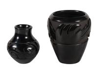 Pair of Carved Blackware Pottery Jars, with Avanyu