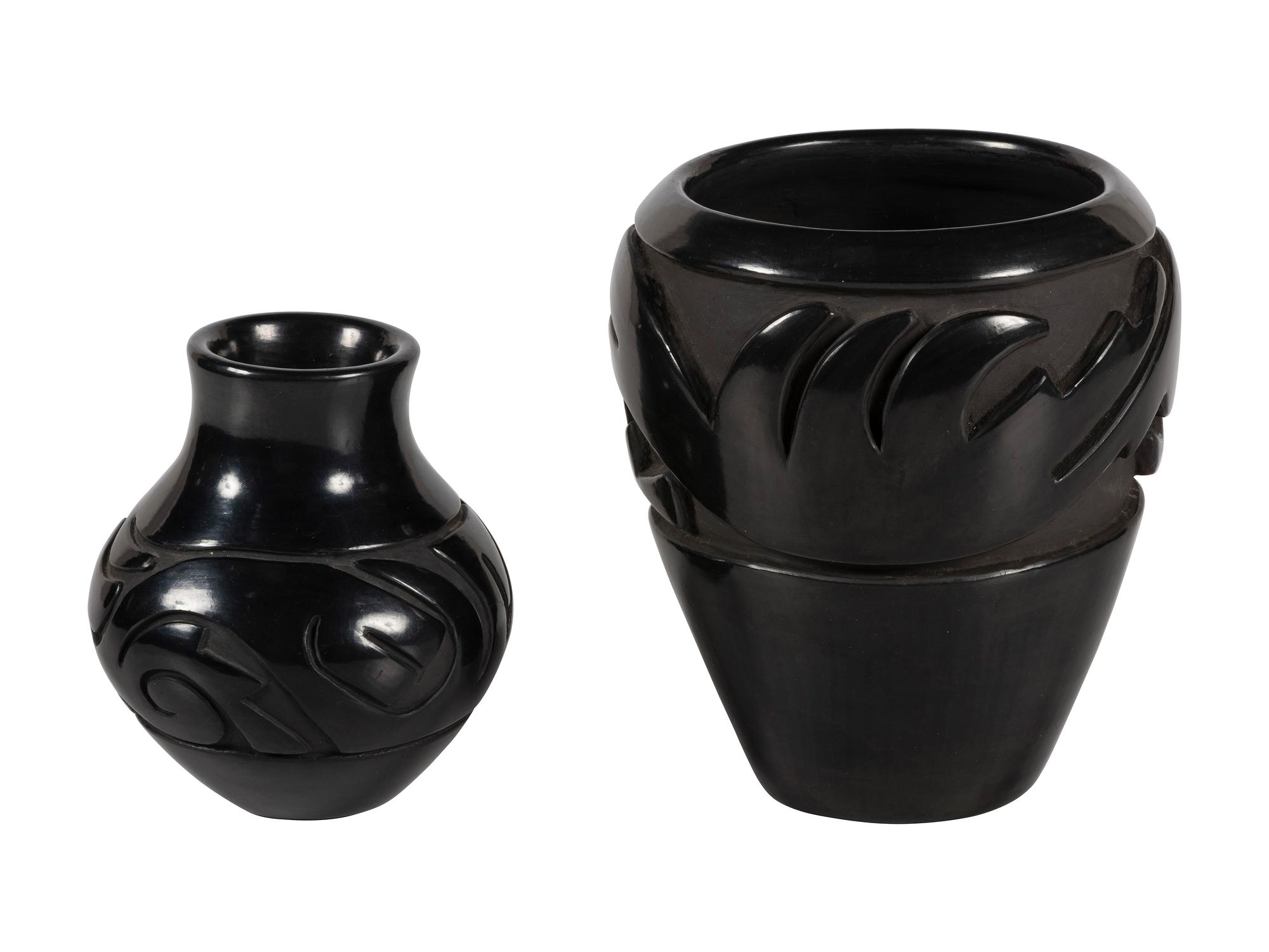 Pair of Carved Blackware Pottery Jars, with Avanyu