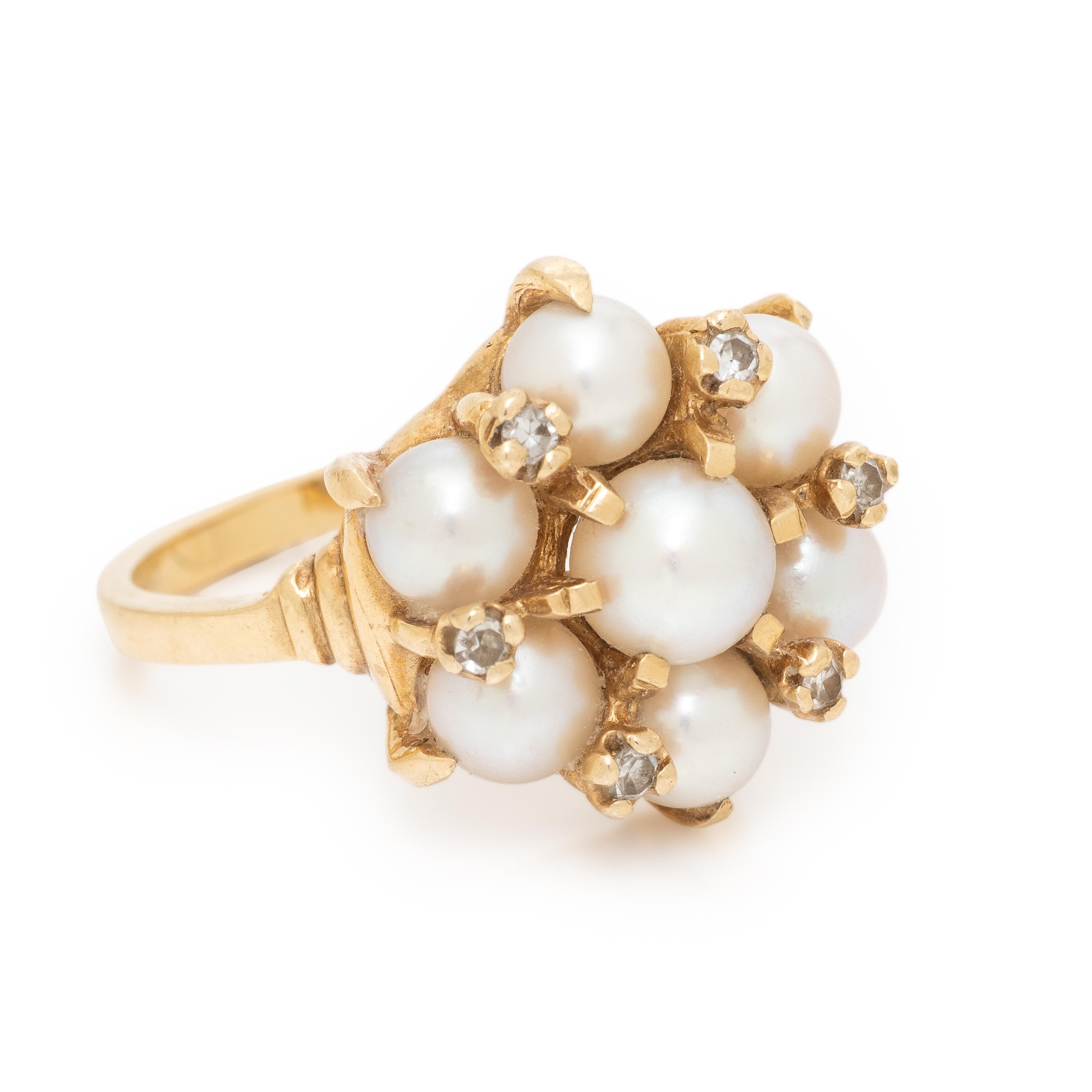 Cultured Pearl, Diamond, and Yellow Gold Ring