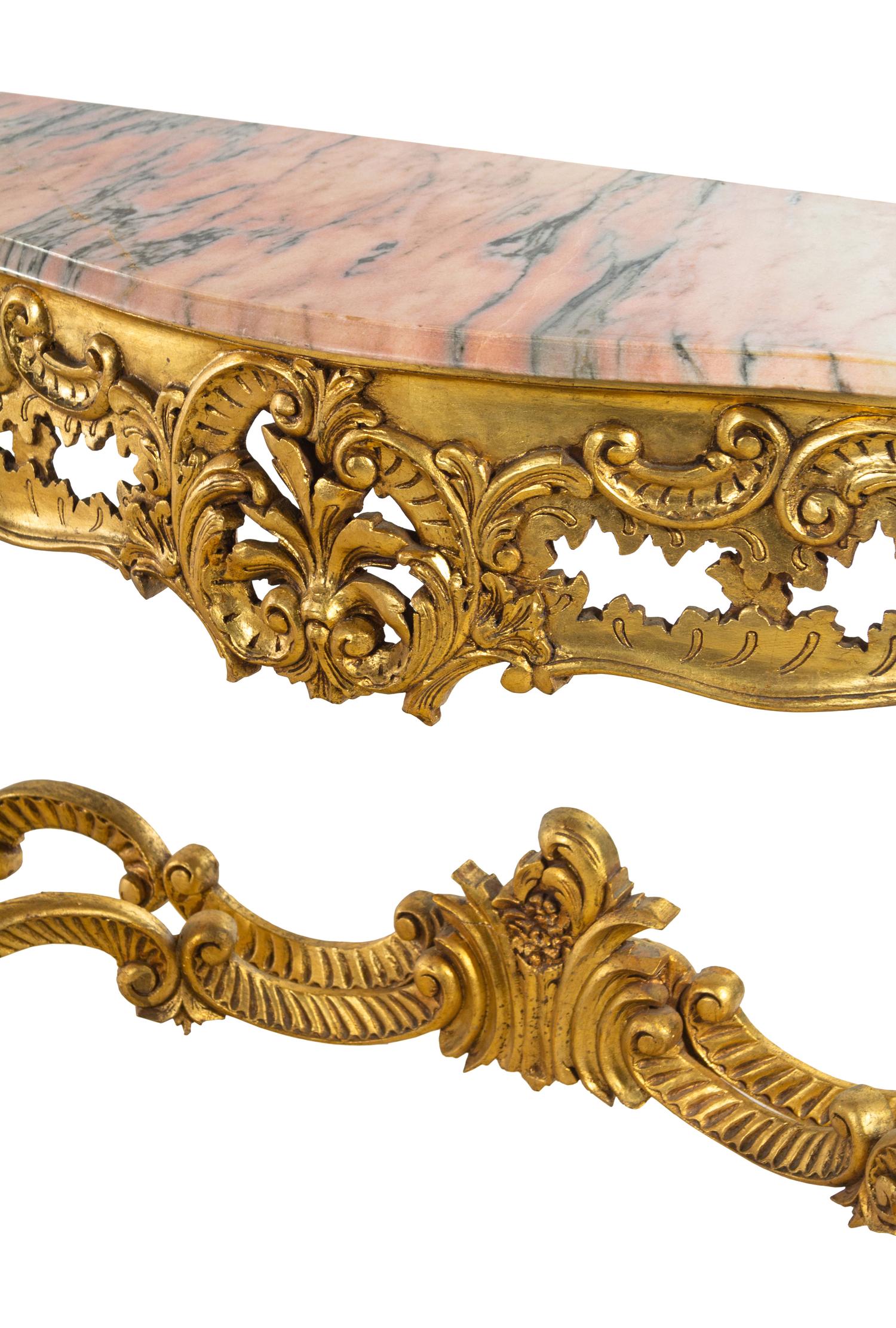 A Pair of Louis XV Style Giltwood Marble-Top Console Tables