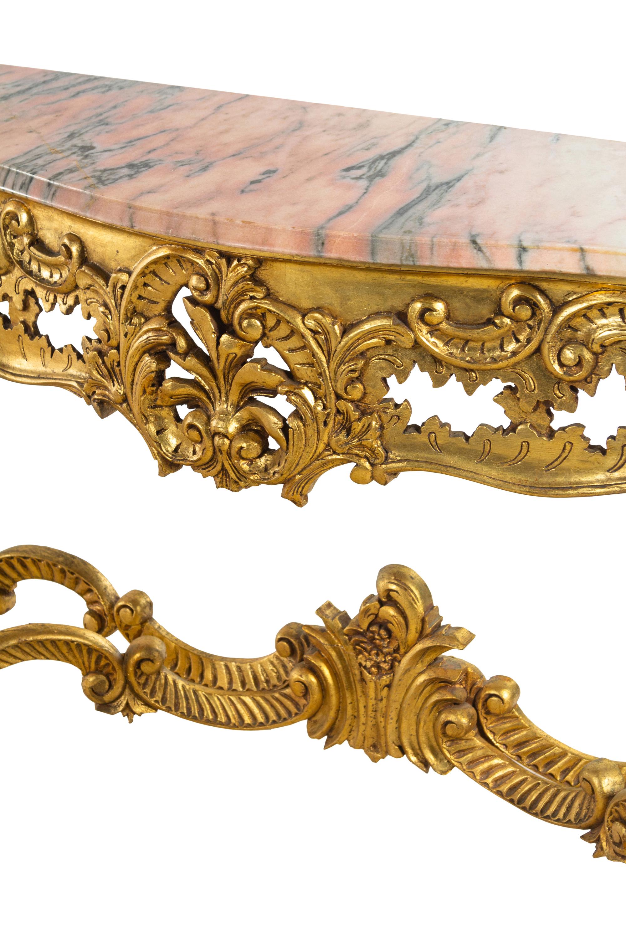 A Pair of Louis XV Style Giltwood Marble-Top Console Tables