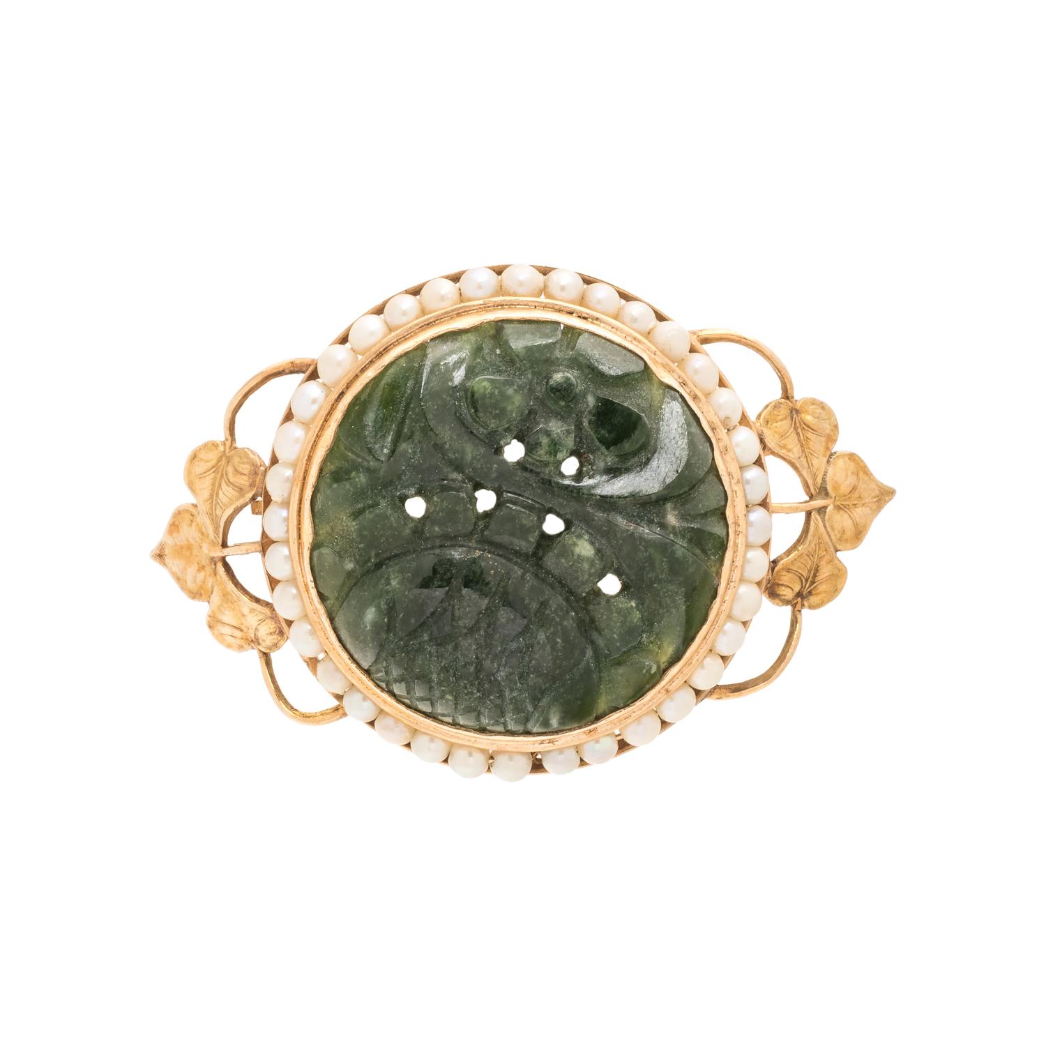 YELLOW GOLD, CARVED JADEITE AND SEED PEARL BROOCH