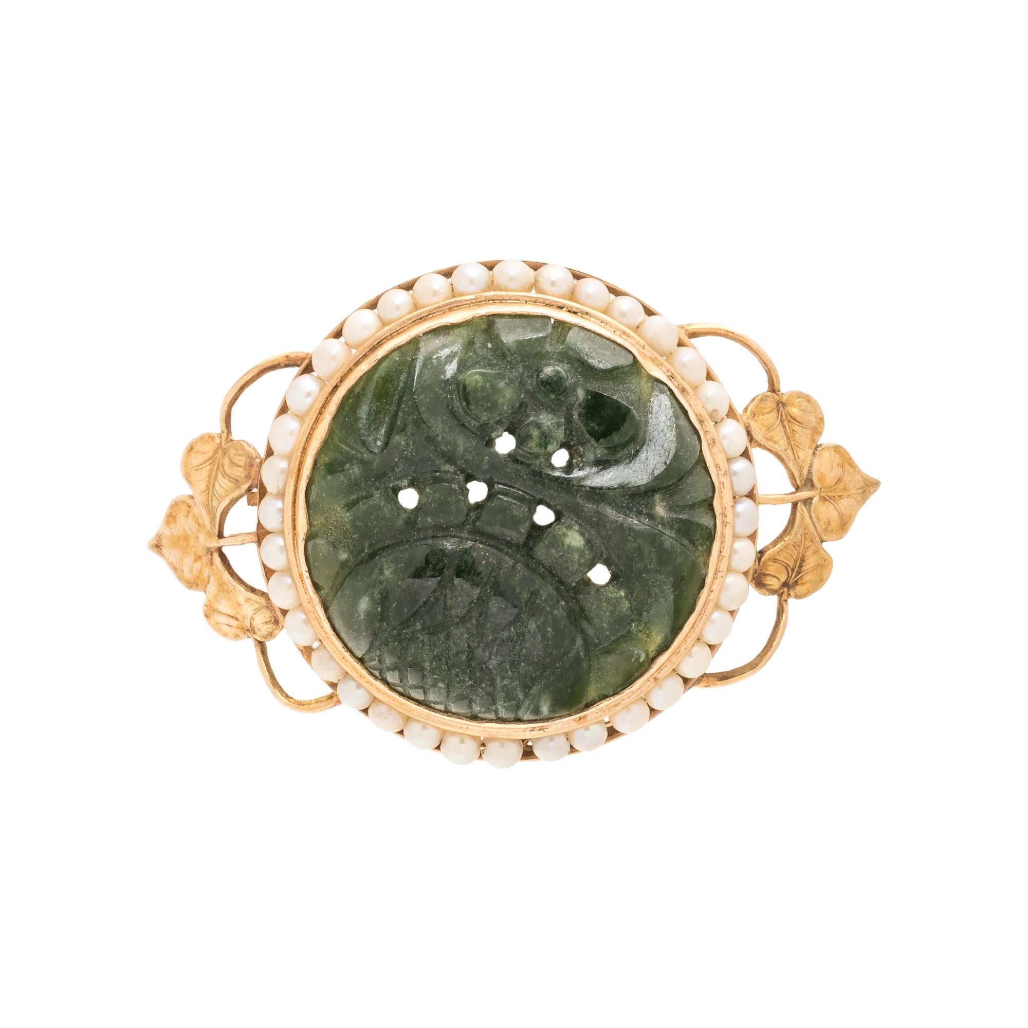 YELLOW GOLD, CARVED JADEITE AND SEED PEARL BROOCH