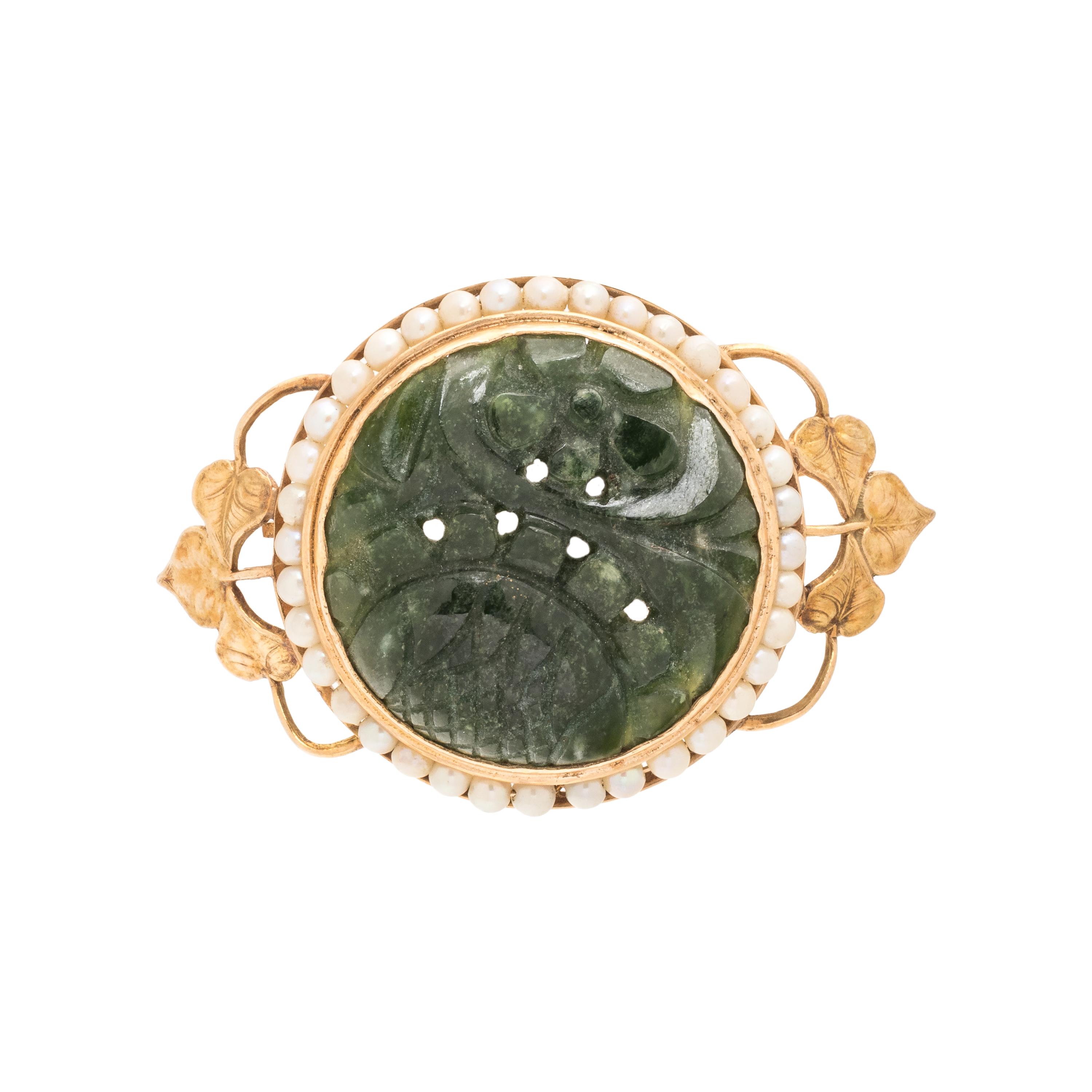 YELLOW GOLD, CARVED JADEITE AND SEED PEARL BROOCH