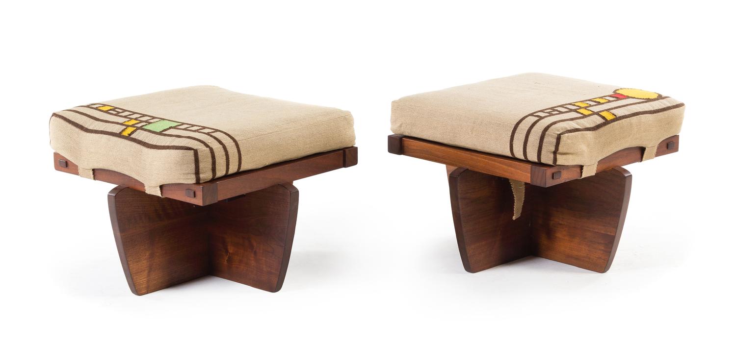 George Nakashima, (Japanese/American, 1905-1990), a pair of Greenrock stools, 1984