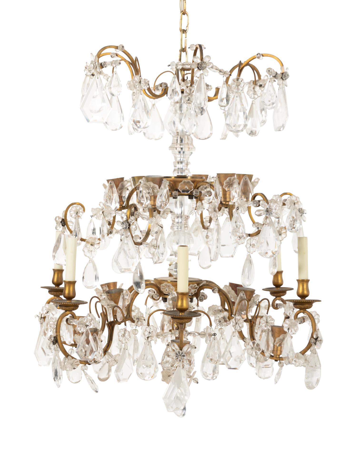 A Pair of Continental Gilt Bronze, Cut Glass and Rock Crystal Chandeliers