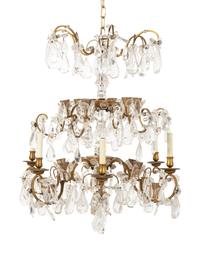A Pair of Continental Gilt Bronze, Cut Glass and Rock Crystal Chandeliers