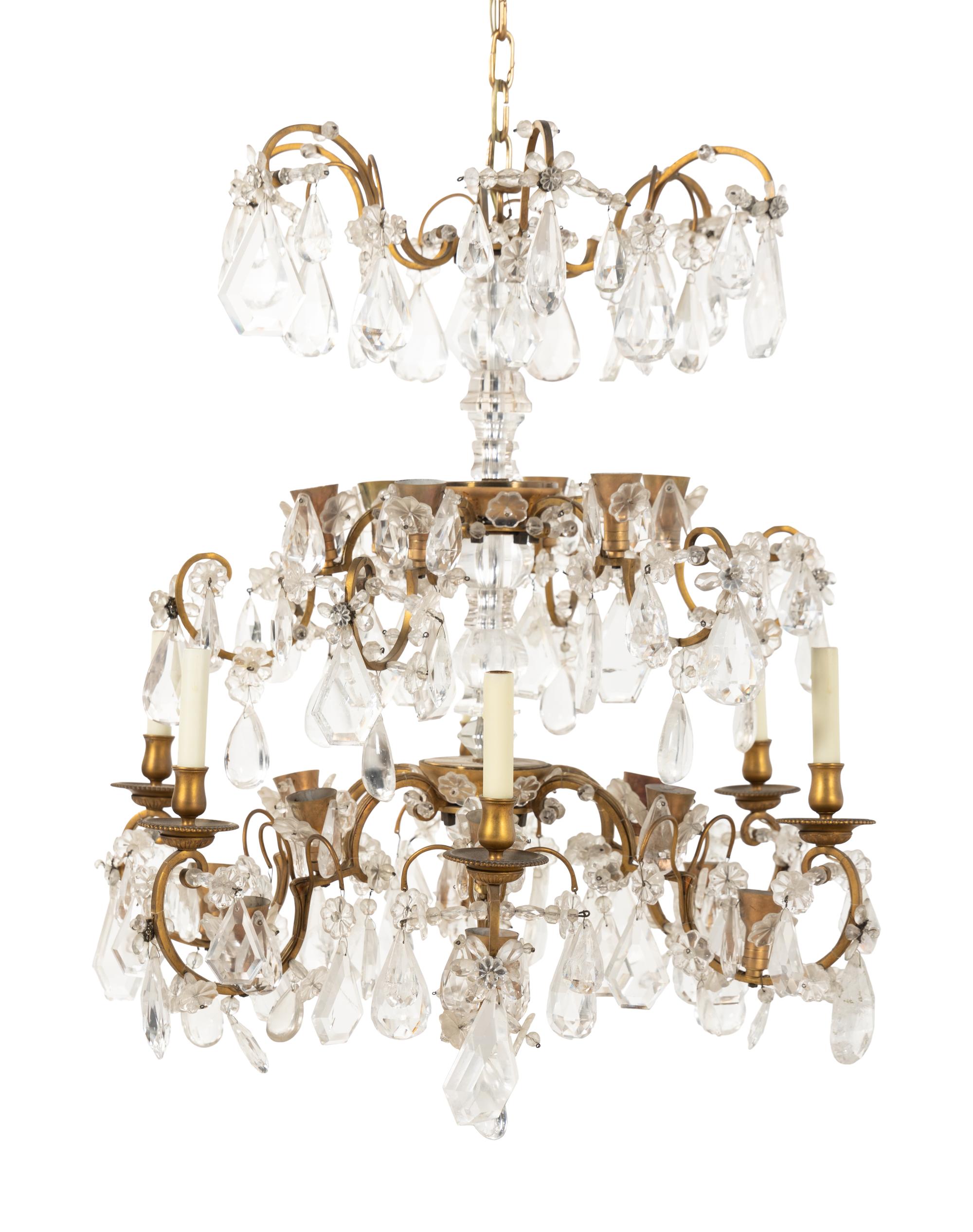 A Pair of Continental Gilt Bronze, Cut Glass and Rock Crystal Chandeliers