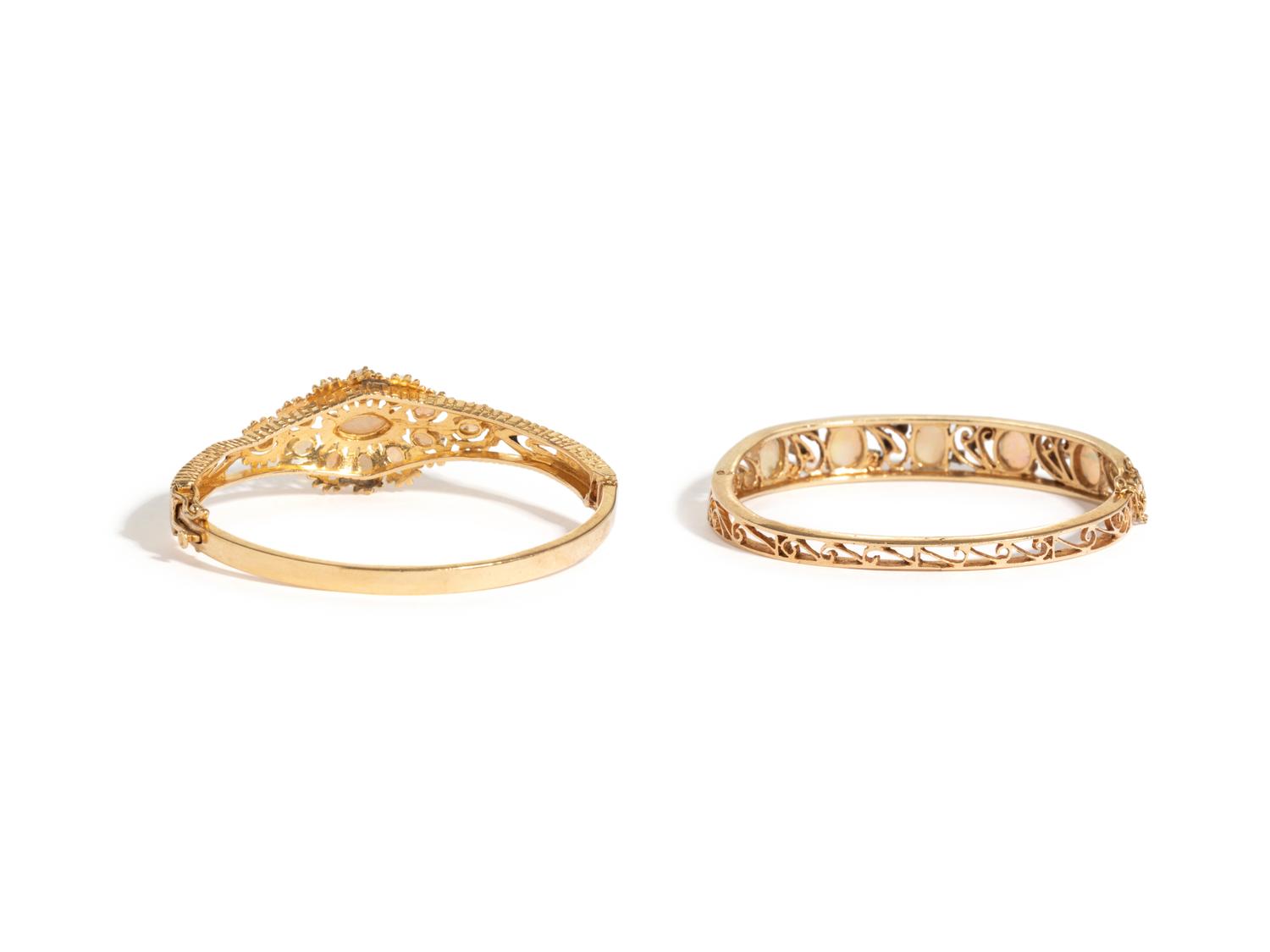 PAIR OF YELLOW GOLD AND OPAL BANGLE BRACELETS