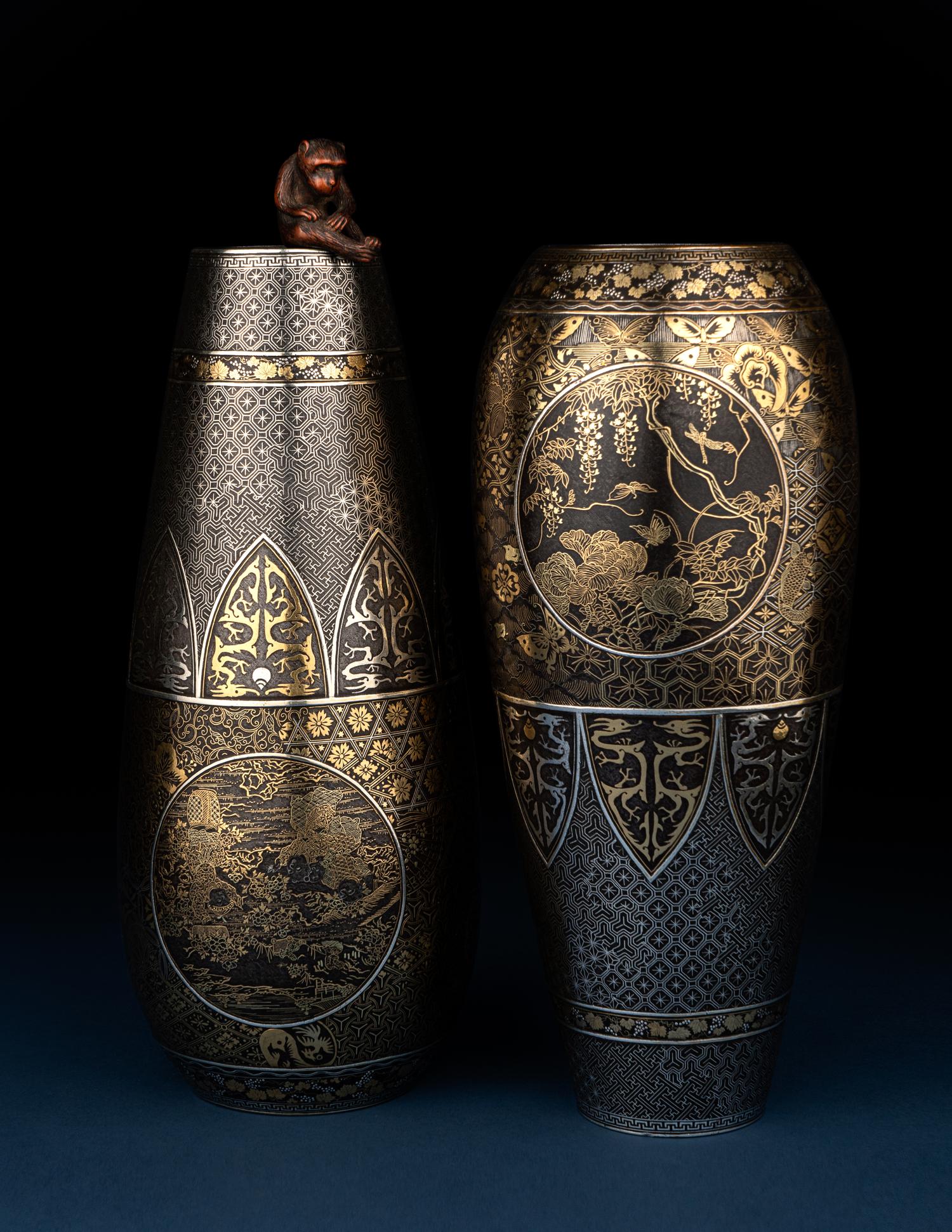 A Pair of Japanese Inlaid Iron 'Komai' Vases