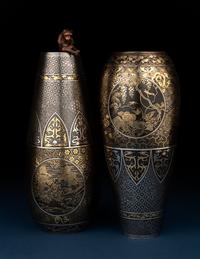 A Pair of Japanese Inlaid Iron 'Komai' Vases
