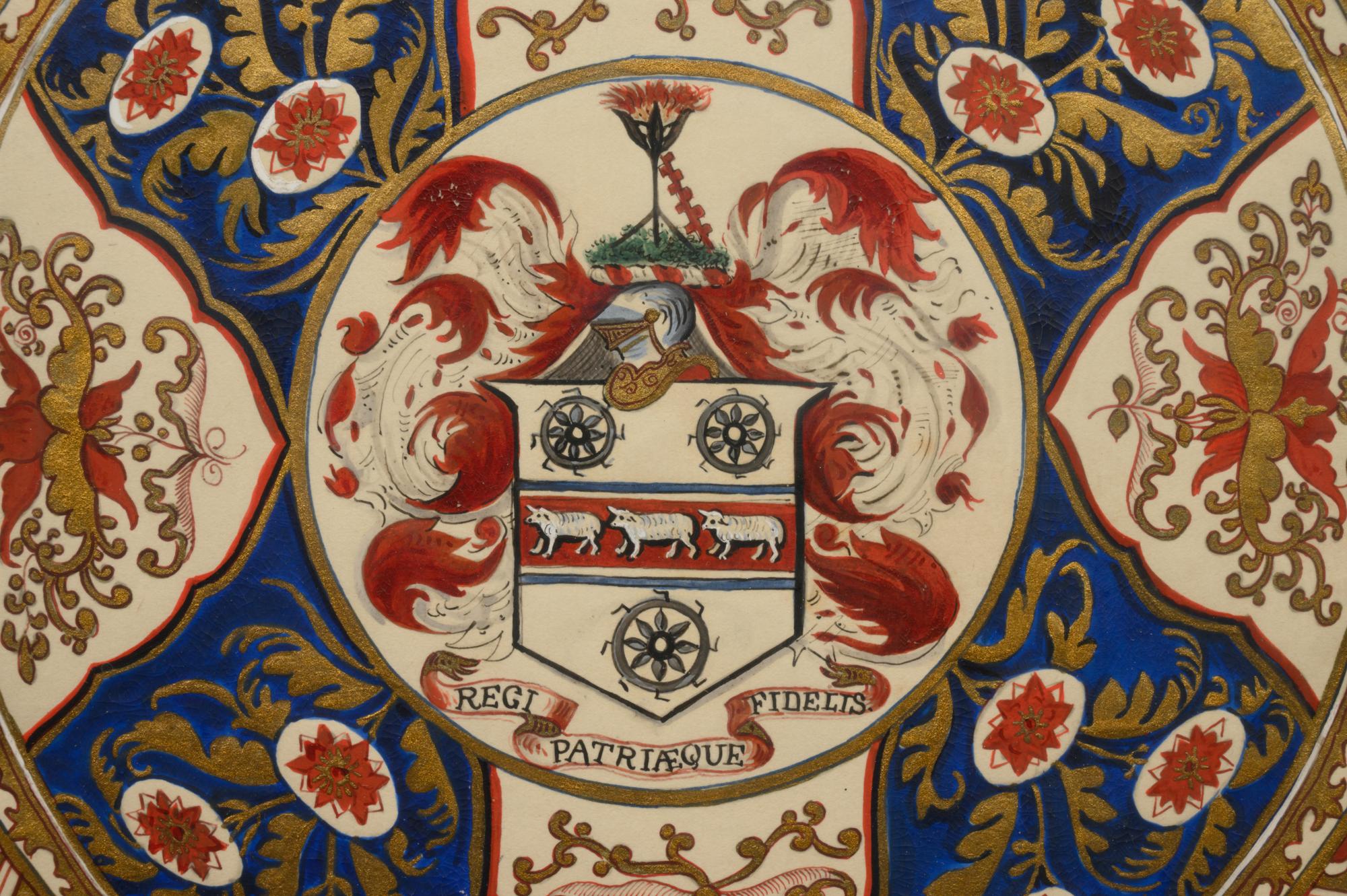 Five Parcel Gilt Watercolor Paintings of Armorial Porcelain Designs
