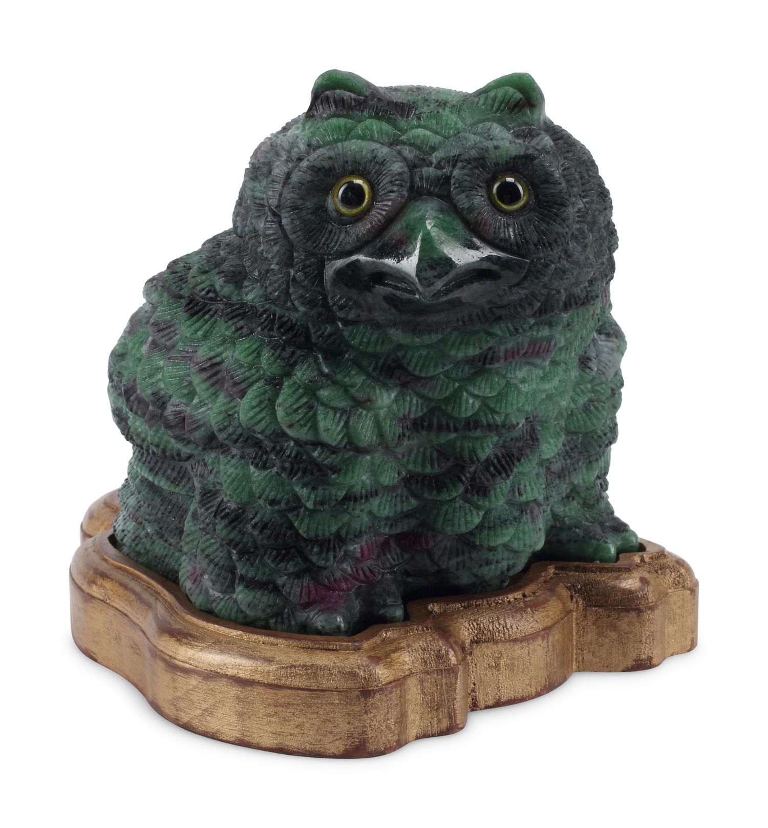 A Continental Carved Ruby Zoisite Model of an Owl
