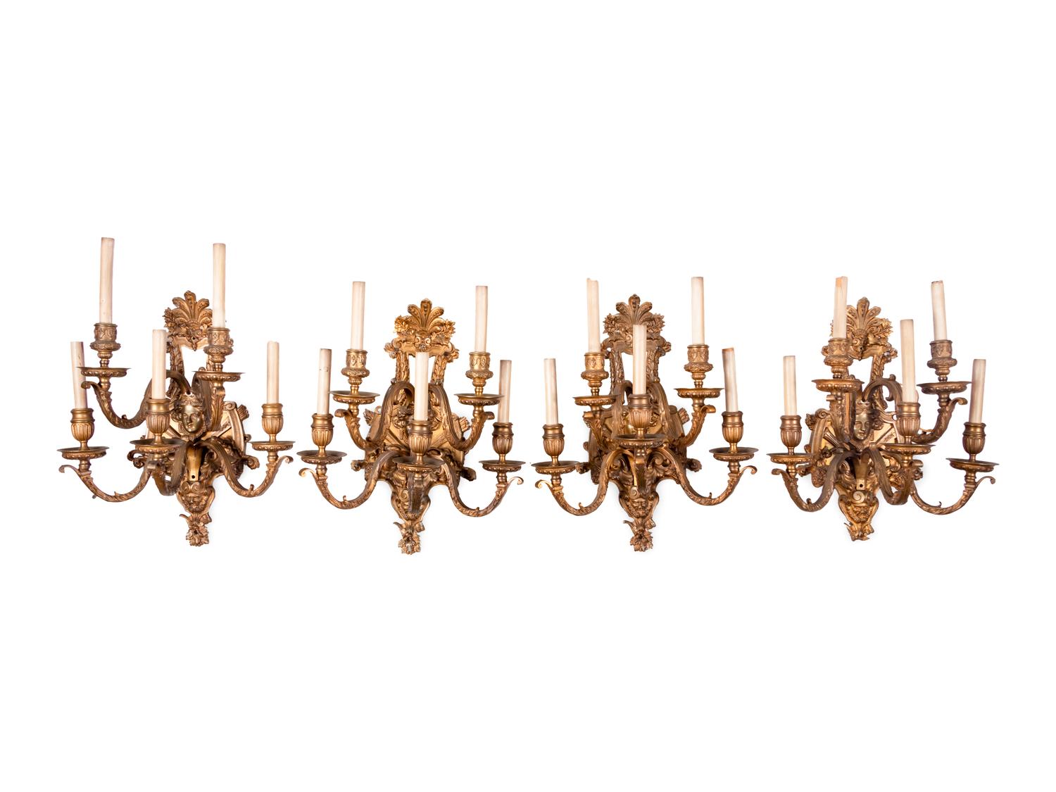 Four Louis XVI Style Gilt Bronze Five-Light Sconces