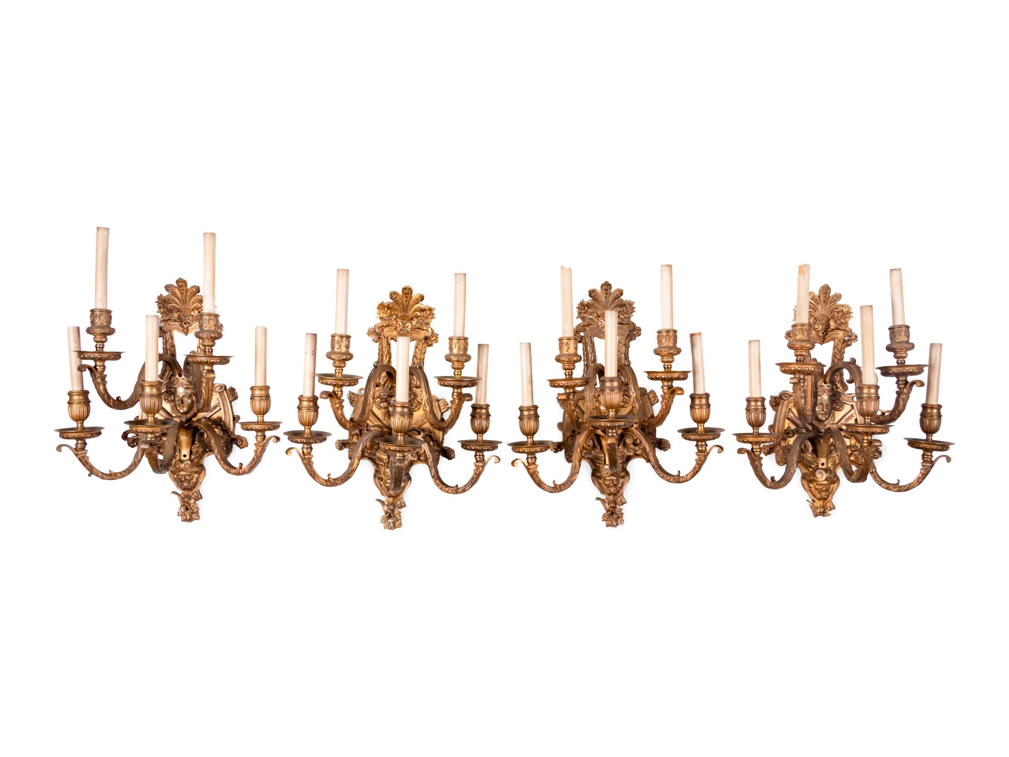 Four Louis XVI Style Gilt Bronze Five-Light Sconces