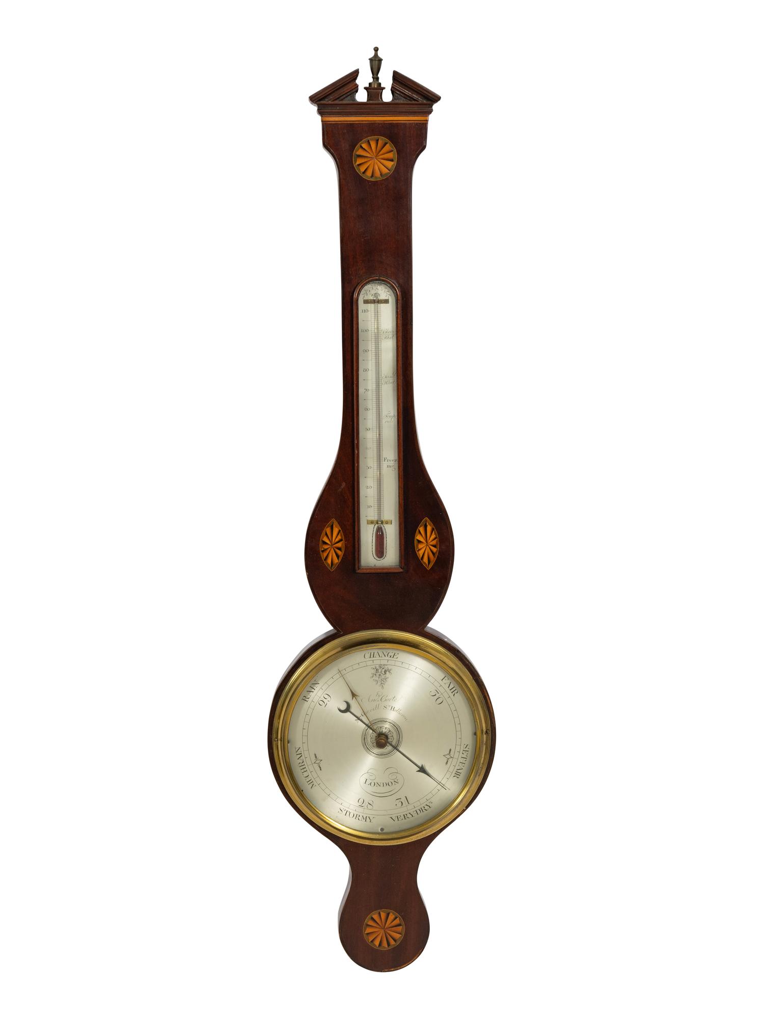 An English Inlaid Mahogany Wheel Barometer and Thermometer