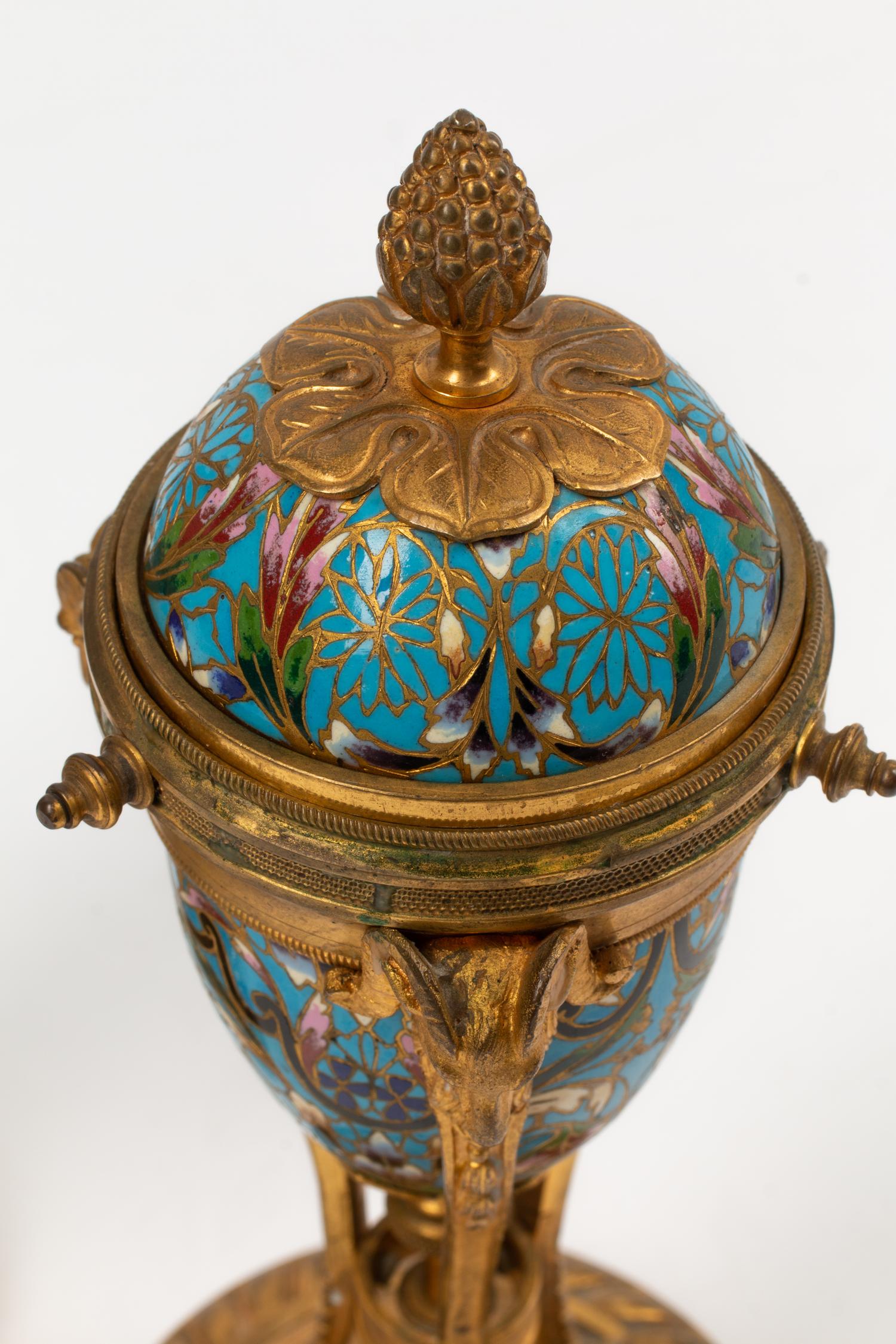 A Pair of Louis XVI Style Gilt Bronze Mounted Champlevé Cassolettes